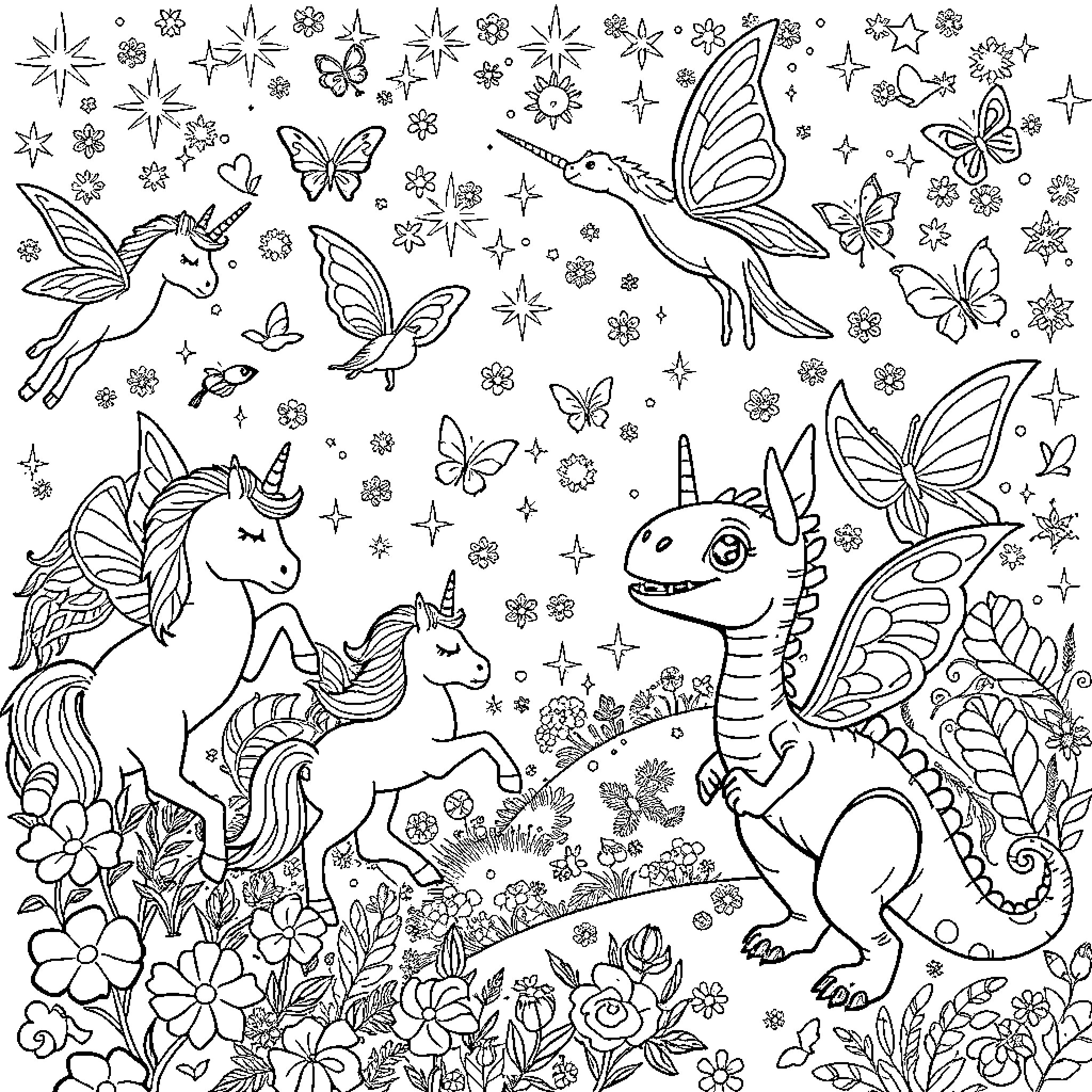 Unicorn and Magical Creatures Amid Flowers and Butterflies Coloring Page (free black-and-white line drawing printable PDF for all, from beginners to advanced learners, including children, teens, adults, and seniors)