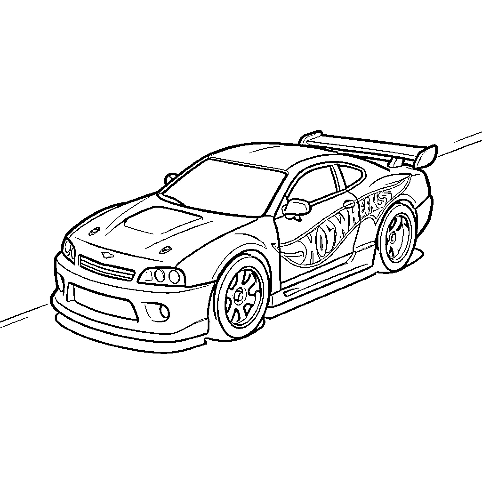 Hot Wheels sports car racing on a track Coloring Page (free black-and-white line drawing printable PDF for all, from beginners to advanced learners, including children, teens, adults, and seniors)