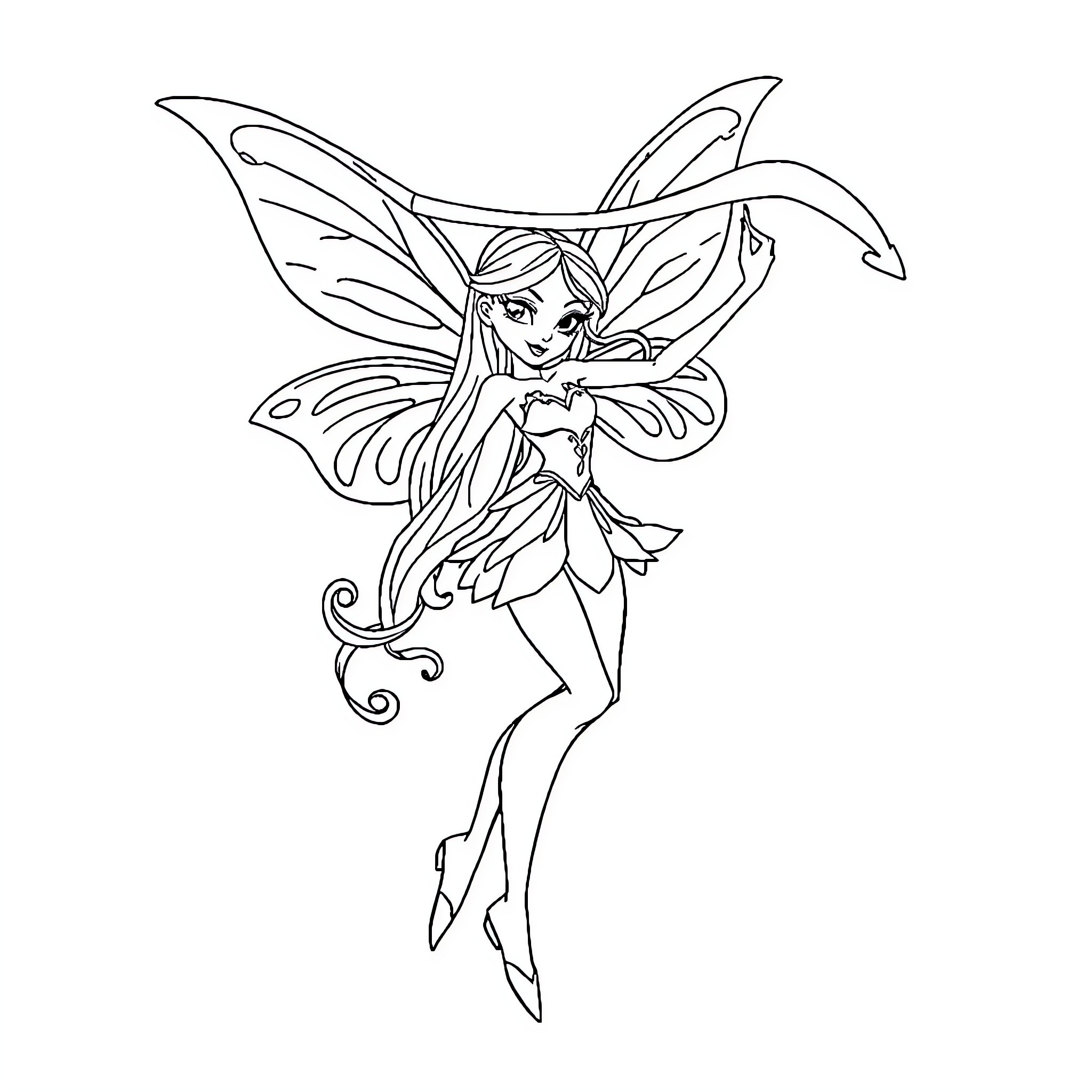 Winx fairy flying gracefully with wings Coloring Page (free black-and-white line drawing printable PDF for all, from beginners to advanced learners, including children, teens, adults, and seniors)