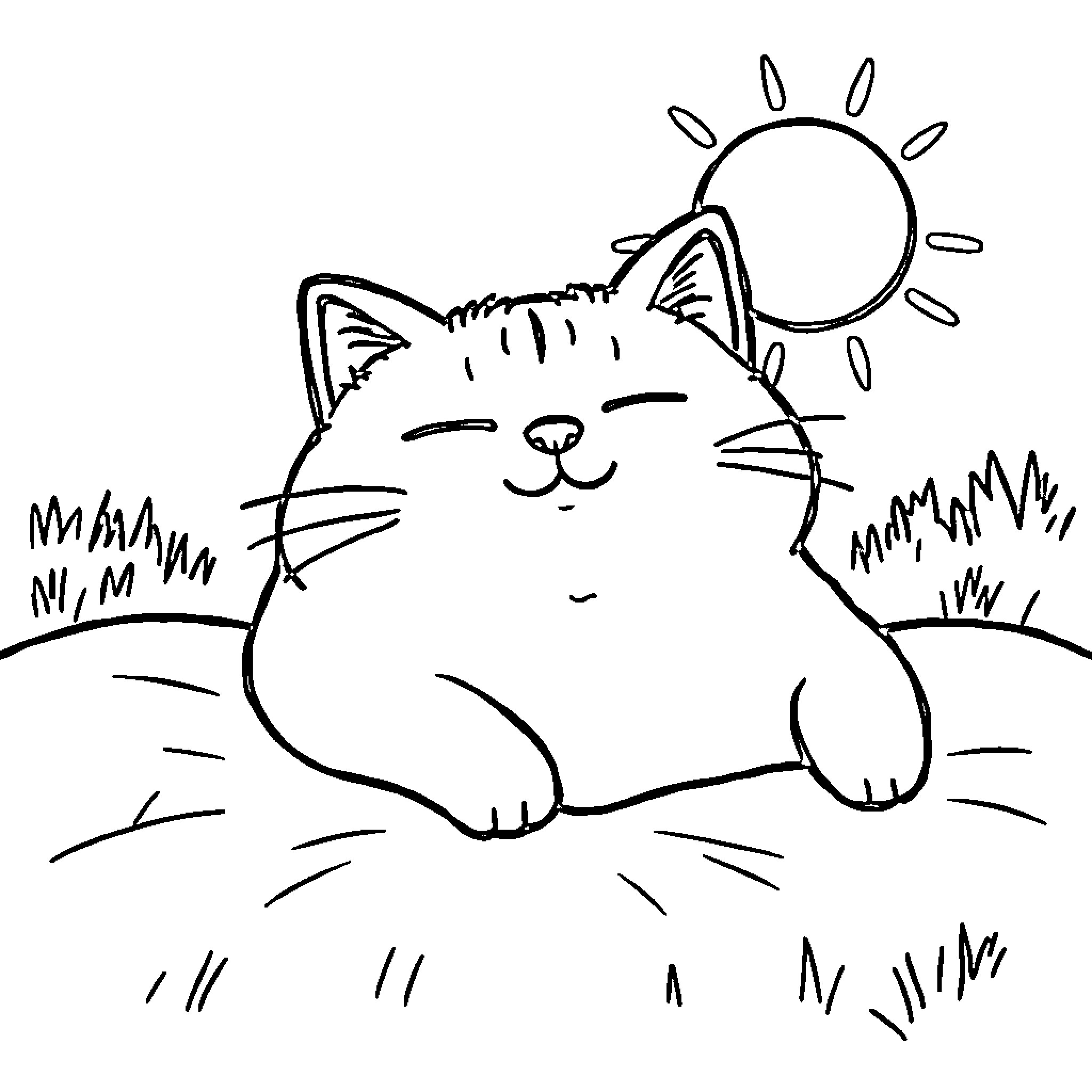 Pusheen enjoying the sunny day Coloring Page (free black-and-white line drawing printable PDF for all, from beginners to advanced learners, including children, teens, adults, and seniors)