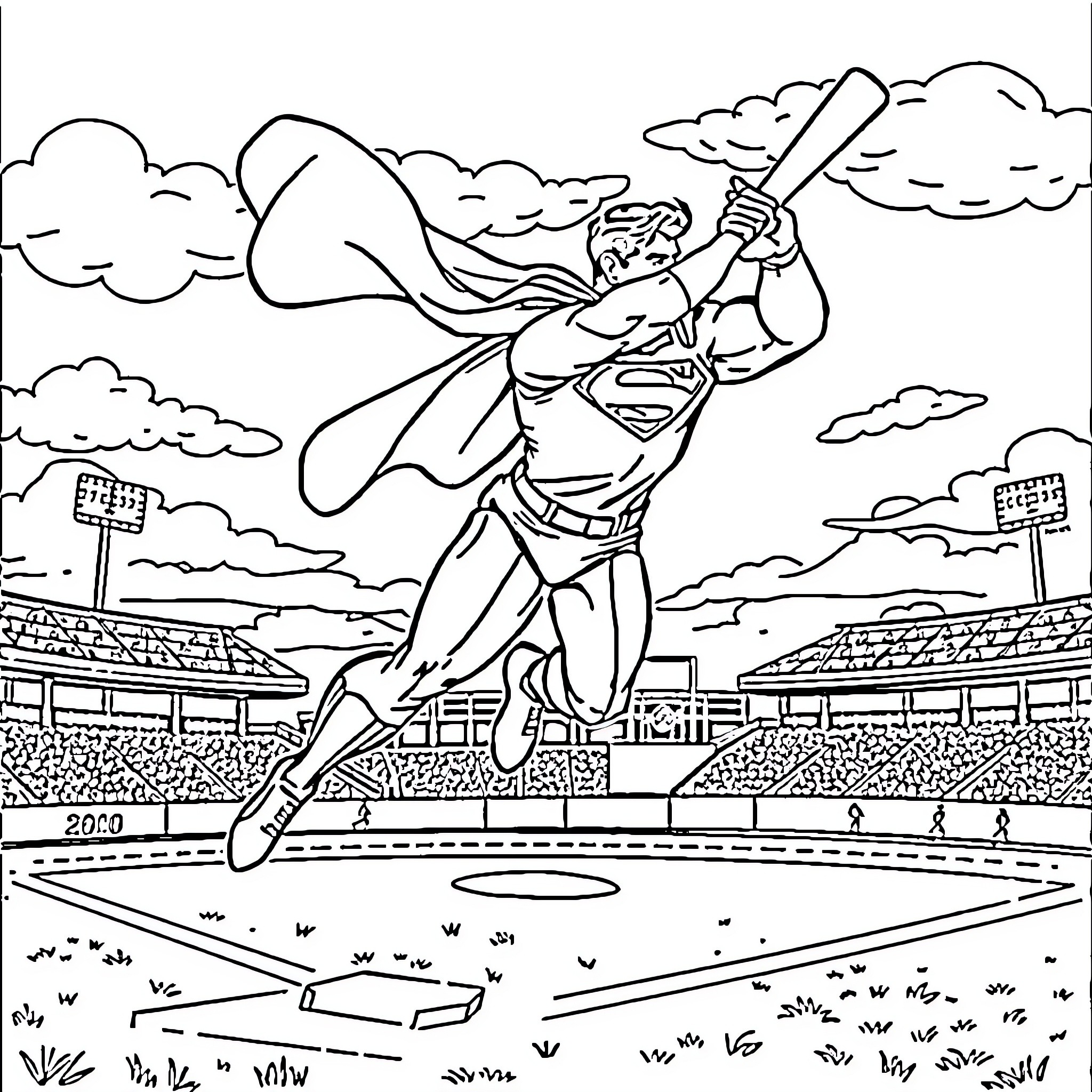 Superman's heroic flight over the sports stadium Coloring Page (free black-and-white line drawing printable PDF for all, from beginners to advanced learners, including children, teens, adults, and seniors)