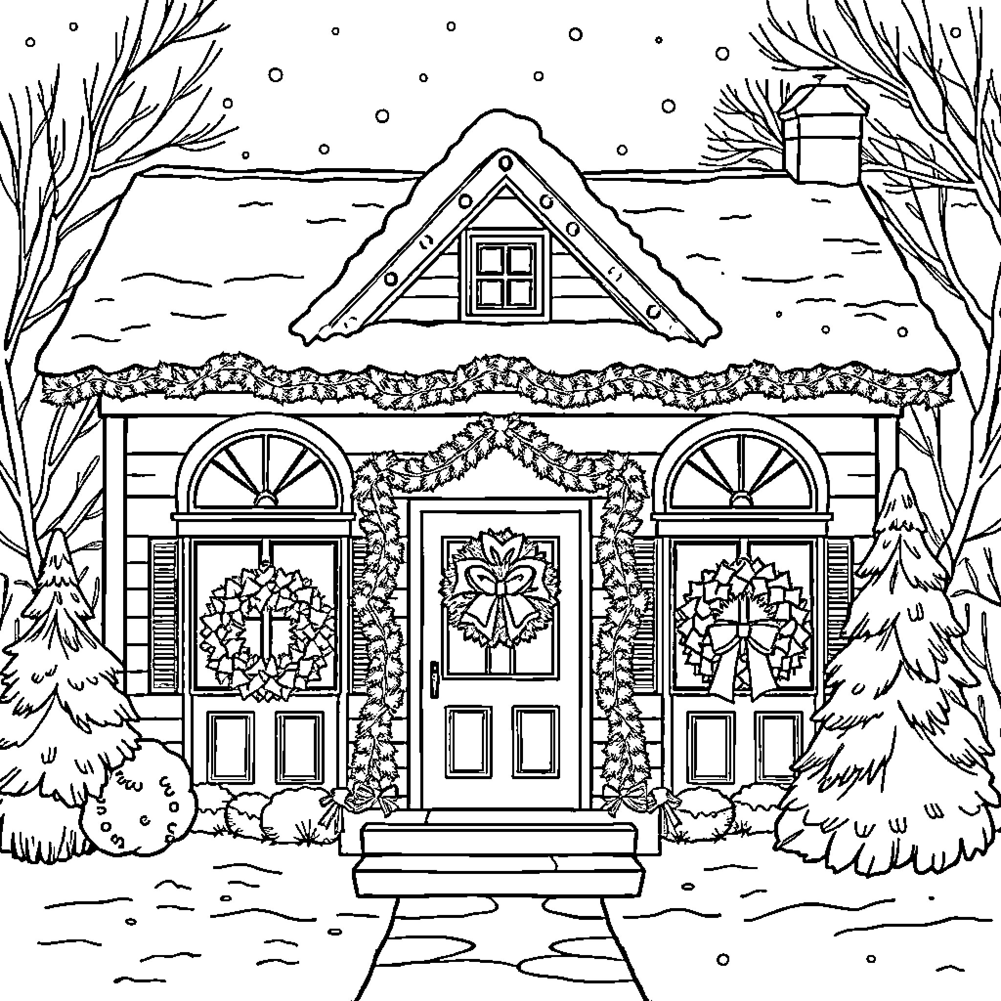 House adorned with festive wreaths in winter wonderland Coloring Page (free black-and-white line drawing printable PDF for all, from beginners to advanced learners, including children, teens, adults, and seniors)