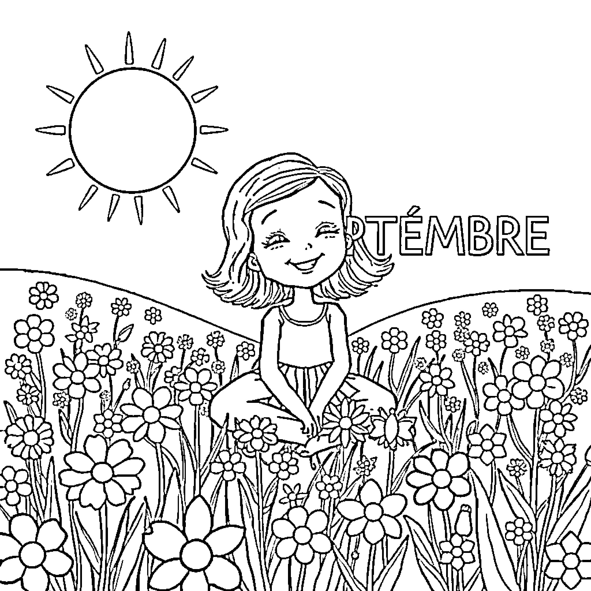 Fille sitting in flower field with sun Coloring Page (free black-and-white line drawing printable PDF for all, from beginners to advanced learners, including children, teens, adults, and seniors)