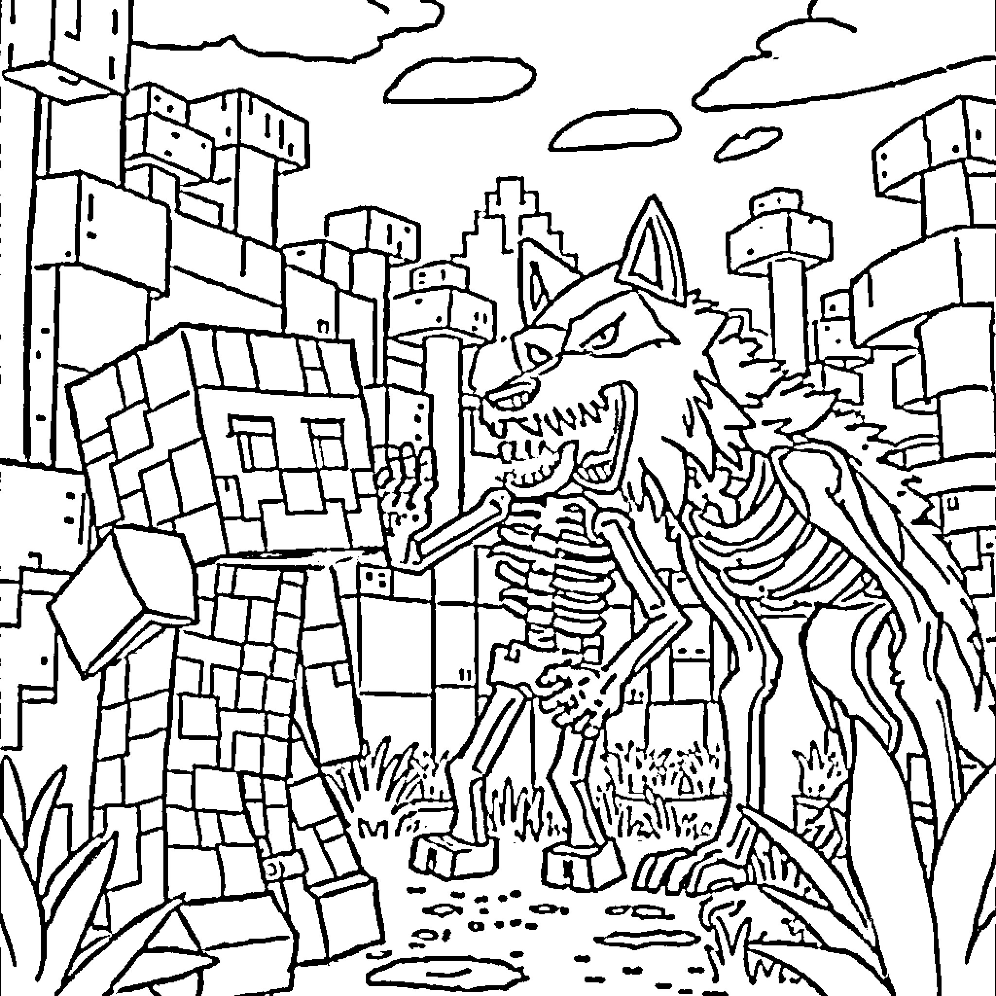 Minecraft Monster Attacking Blocky City Coloring Page (free black-and-white line drawing printable PDF for all, from beginners to advanced learners, including children, teens, adults, and seniors)
