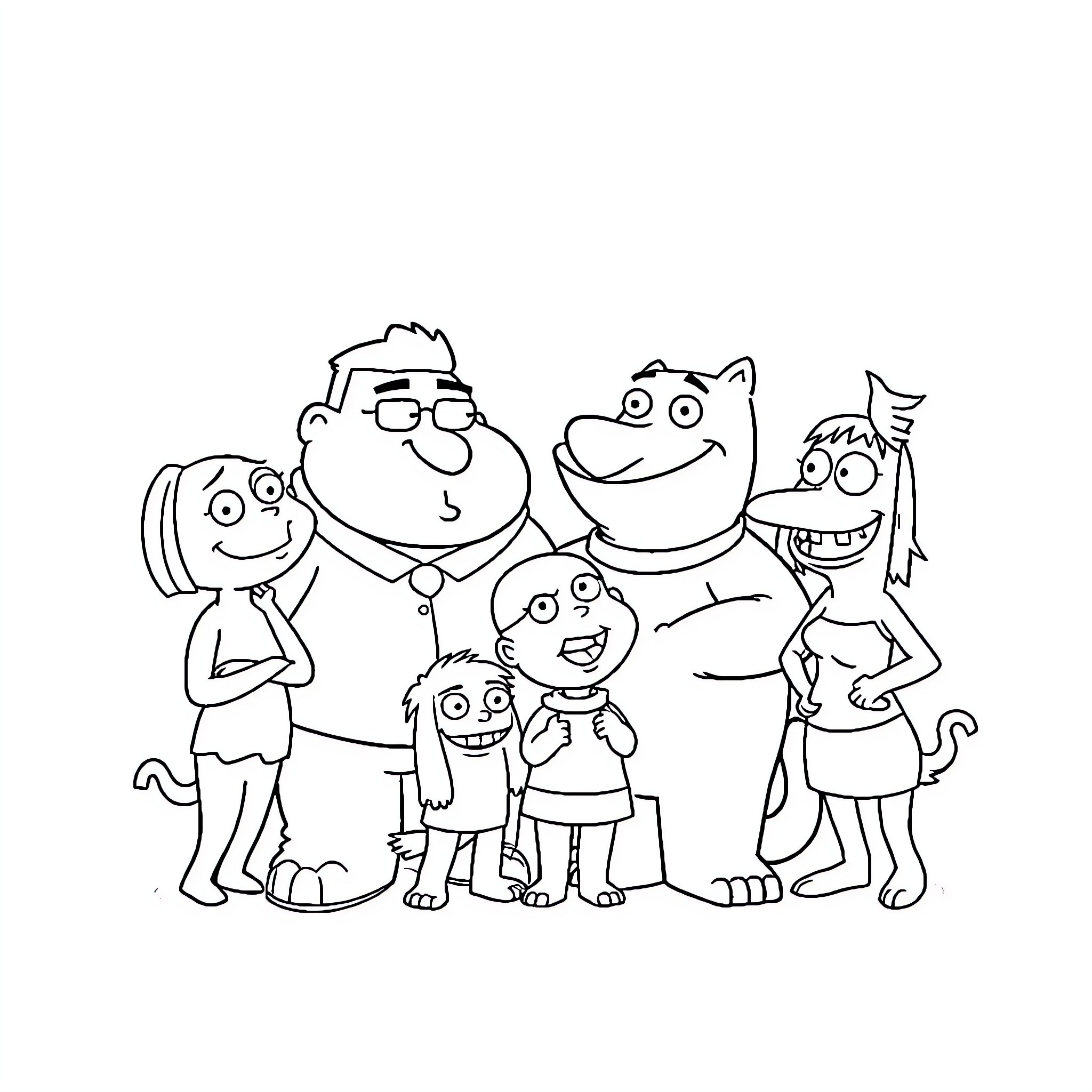Family Guy Cartoon Characters in Amusing Poses Coloring Page (free black-and-white line drawing printable PDF for all, from beginners to advanced learners, including children, teens, adults, and seniors)