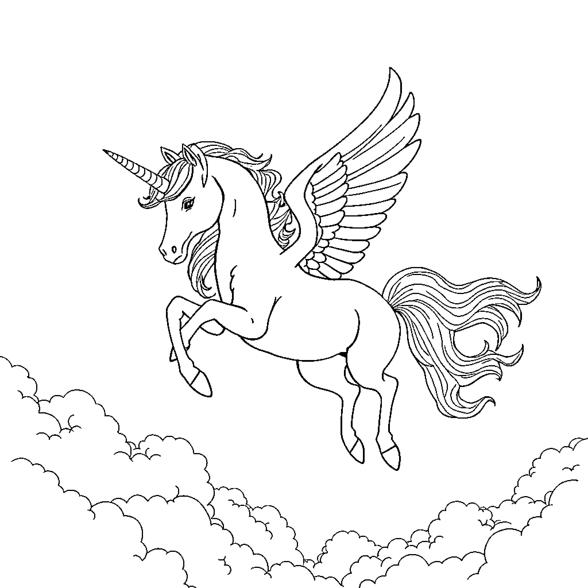 Unicorn soaring through the clouds with majestic wings Coloring Page (free black-and-white line drawing printable PDF for all, from beginners to advanced learners, including children, teens, adults, and seniors)