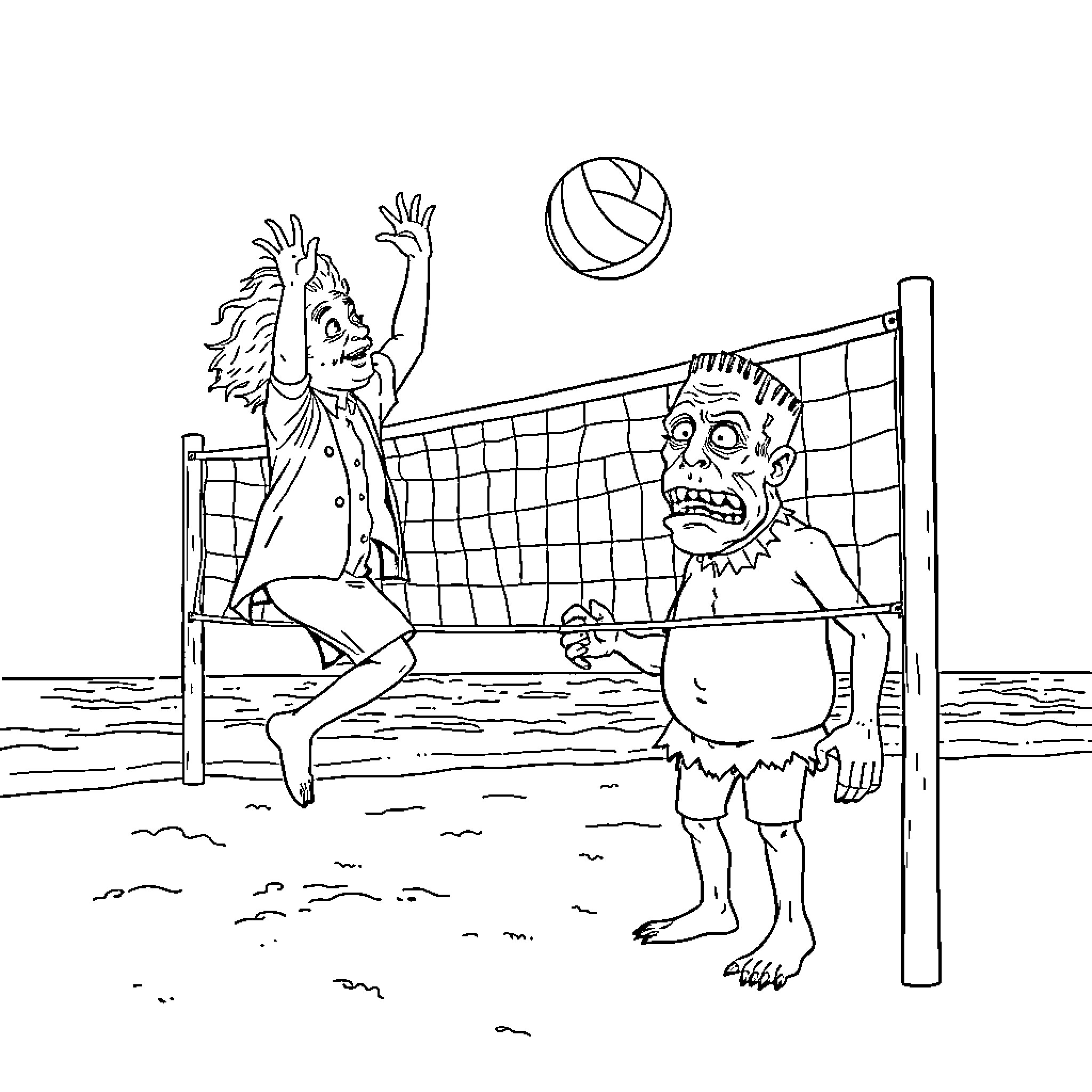 Einstein playing volleyball with a monster Coloring Page (free black-and-white line drawing printable PDF for all, from beginners to advanced learners, including children, teens, adults, and seniors)