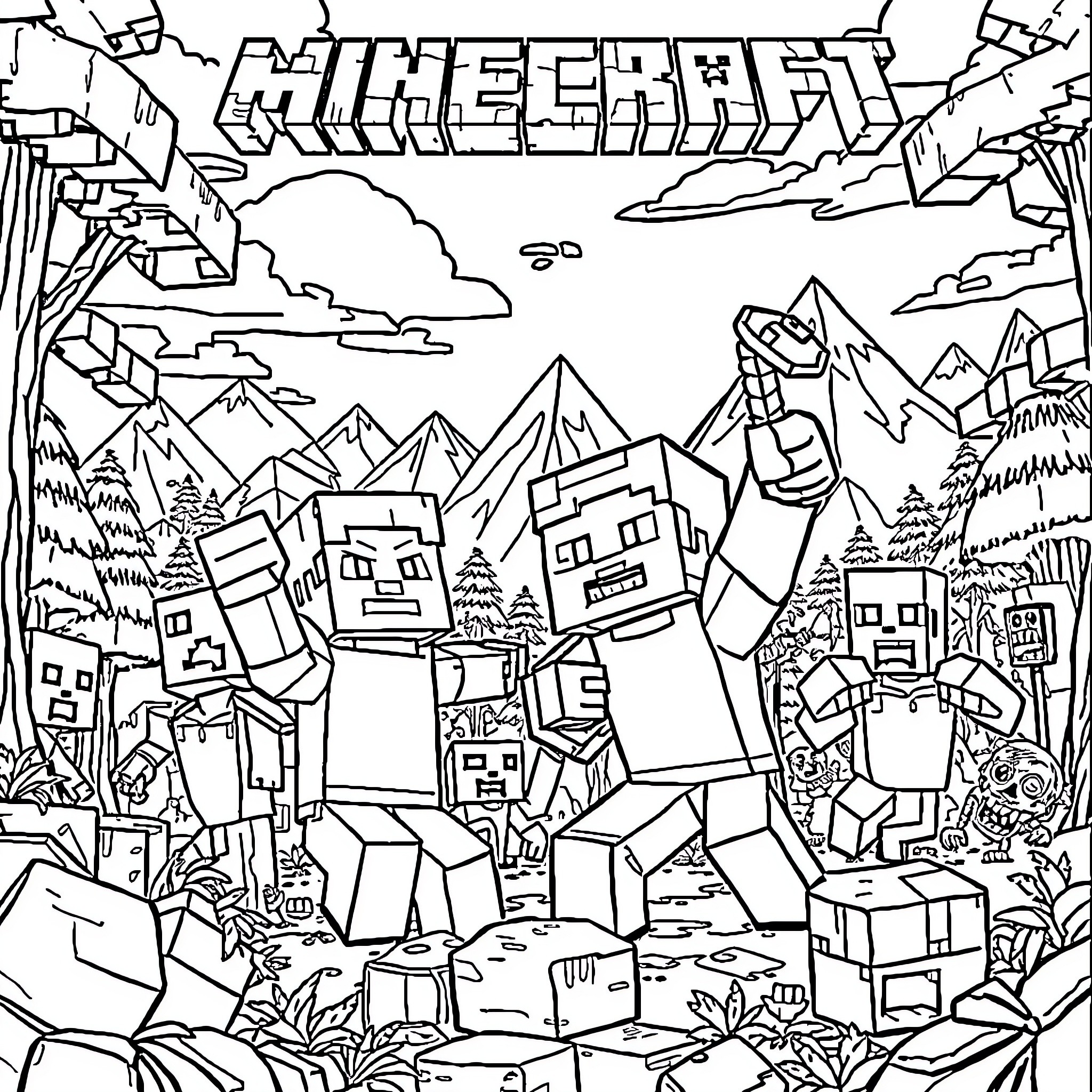 Minecraft characters exploring a mountainous landscape Coloring Page (free black-and-white line drawing printable PDF for all, from beginners to advanced learners, including children, teens, adults, and seniors)