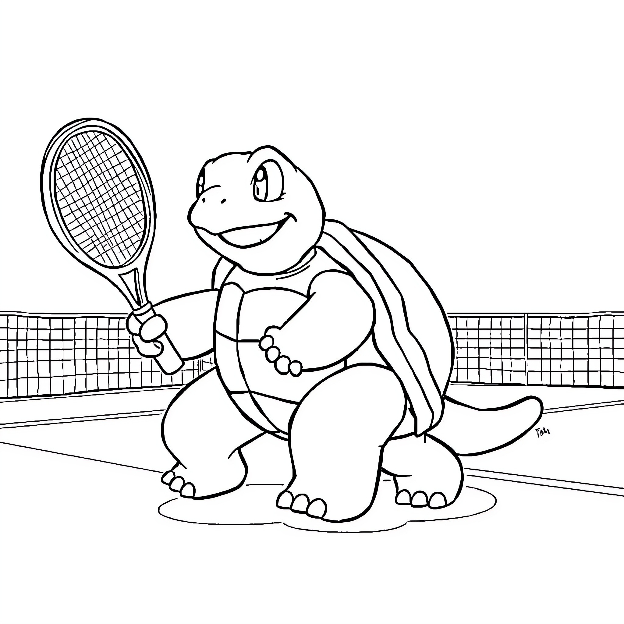 Blastoise playing tennis on the court Coloring Page (free black-and-white line drawing printable PDF for all, from beginners to advanced learners, including children, teens, adults, and seniors)