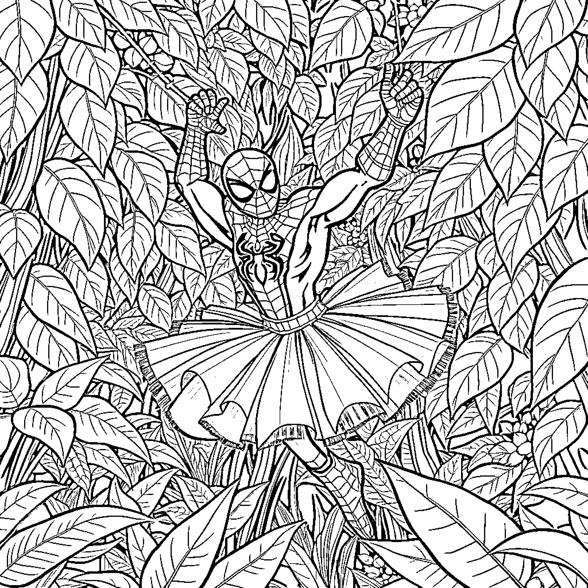 Spider-Man Swinging Through Jungle Leaves Coloring Page (free black-and-white line drawing printable PDF for all, from beginners to advanced learners, including children, teens, adults, and seniors)