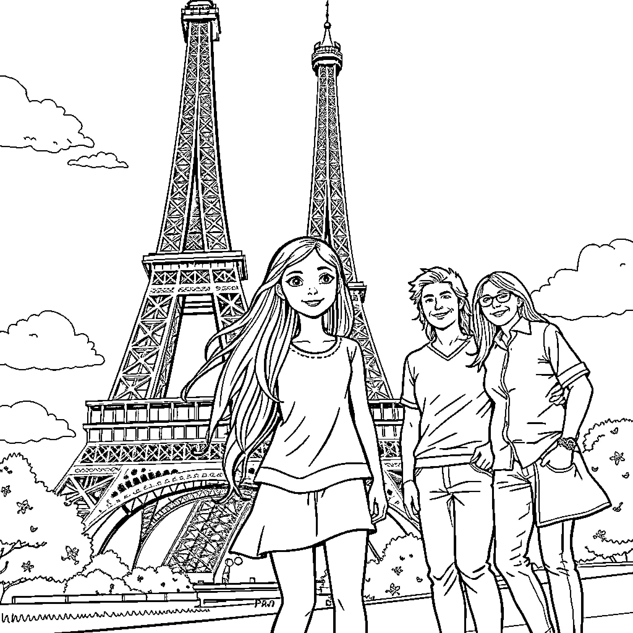 Girl posing with family in front of Eiffel Tower Coloring Page (free black-and-white line drawing printable PDF for all, from beginners to advanced learners, including children, teens, adults, and seniors)