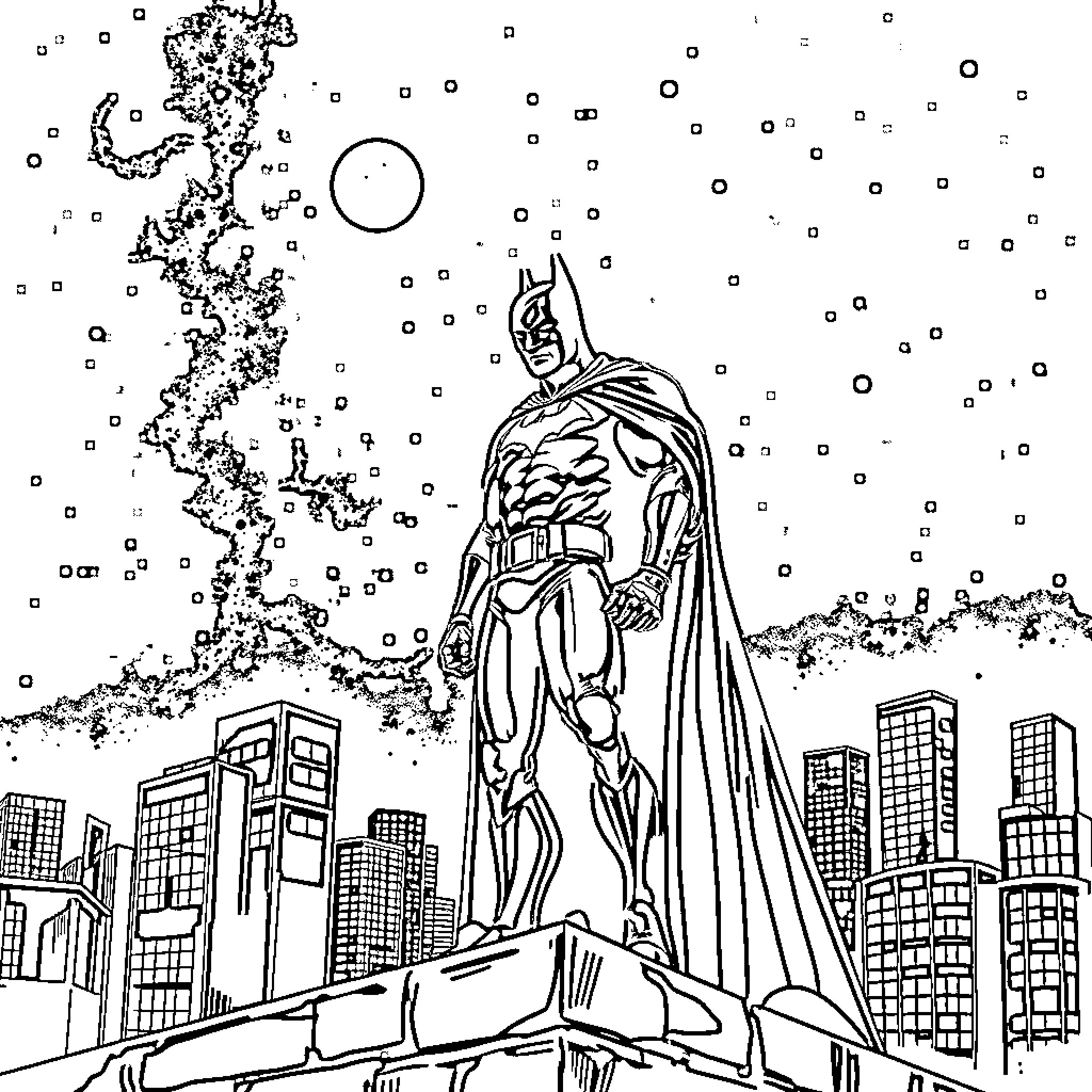 Knight Overlooking the City at Night Coloring Page (free black-and-white line drawing printable PDF for all, from beginners to advanced learners, including children, teens, adults, and seniors)