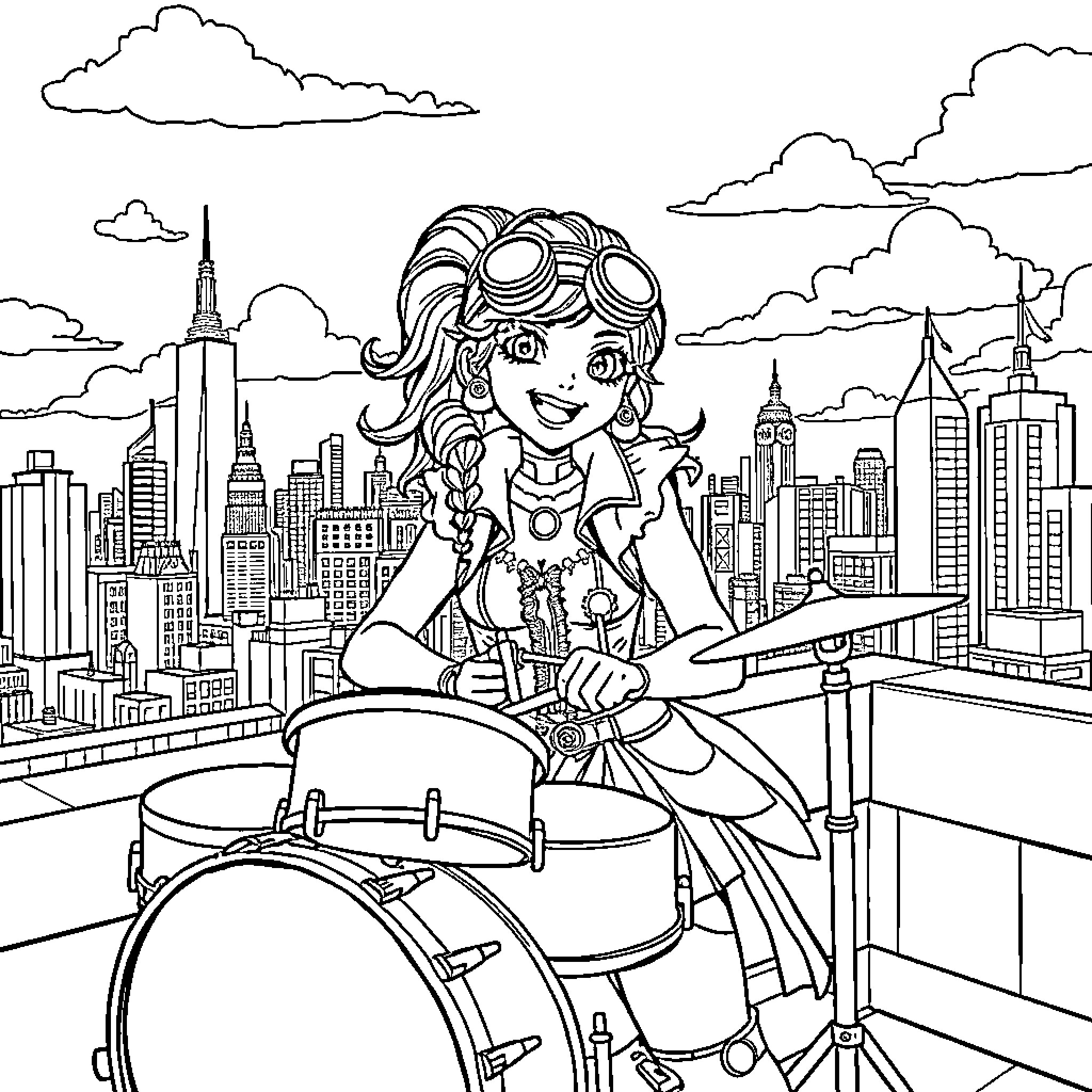 Steam Punk Girl Drumming on the Rooftop Coloring Page (free black-and-white line drawing printable PDF for all, from beginners to advanced learners, including children, teens, adults, and seniors)