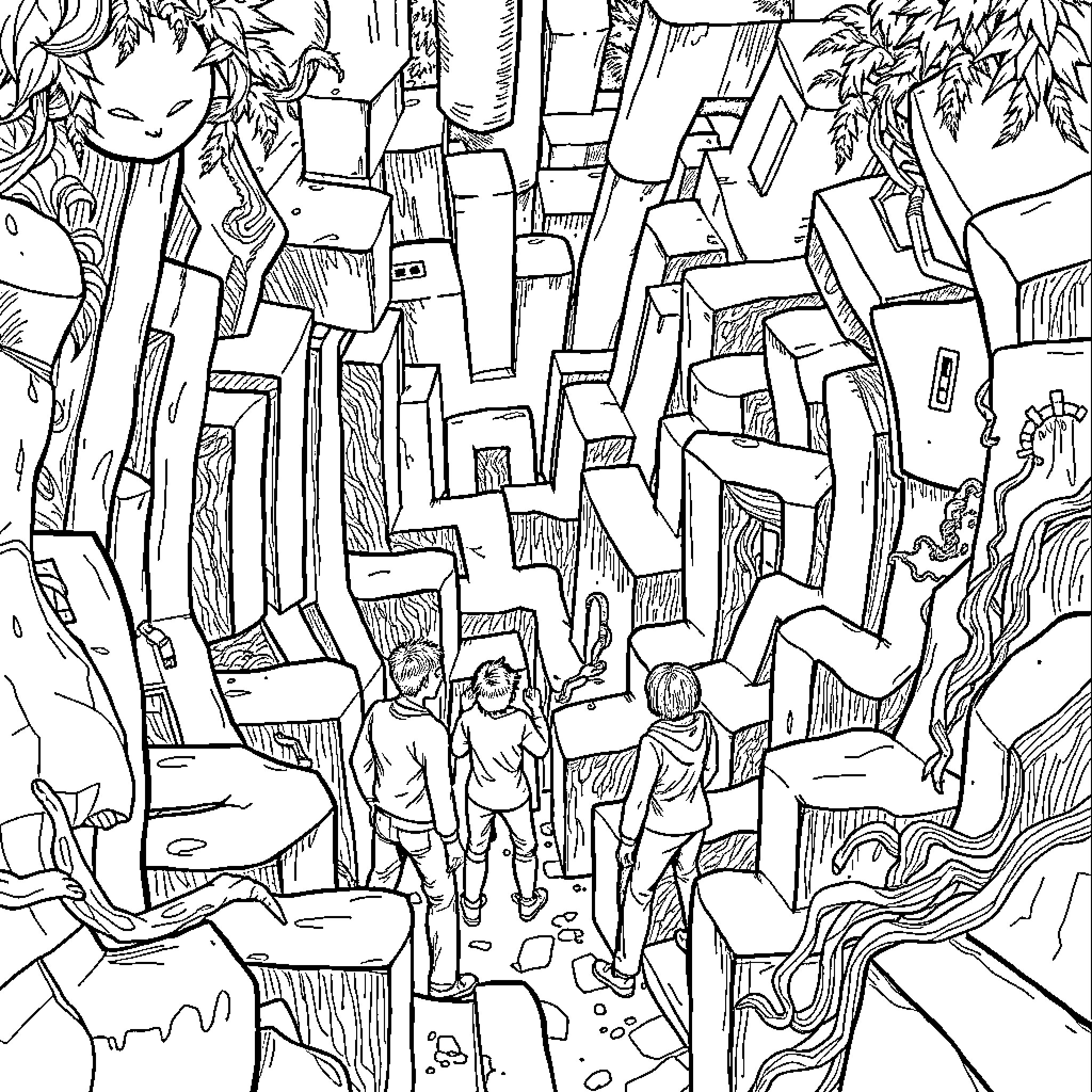 Maze Runner: Characters Exploring Surreal Landscape Coloring Page (free black-and-white line drawing printable PDF for all, from beginners to advanced learners, including children, teens, adults, and seniors)