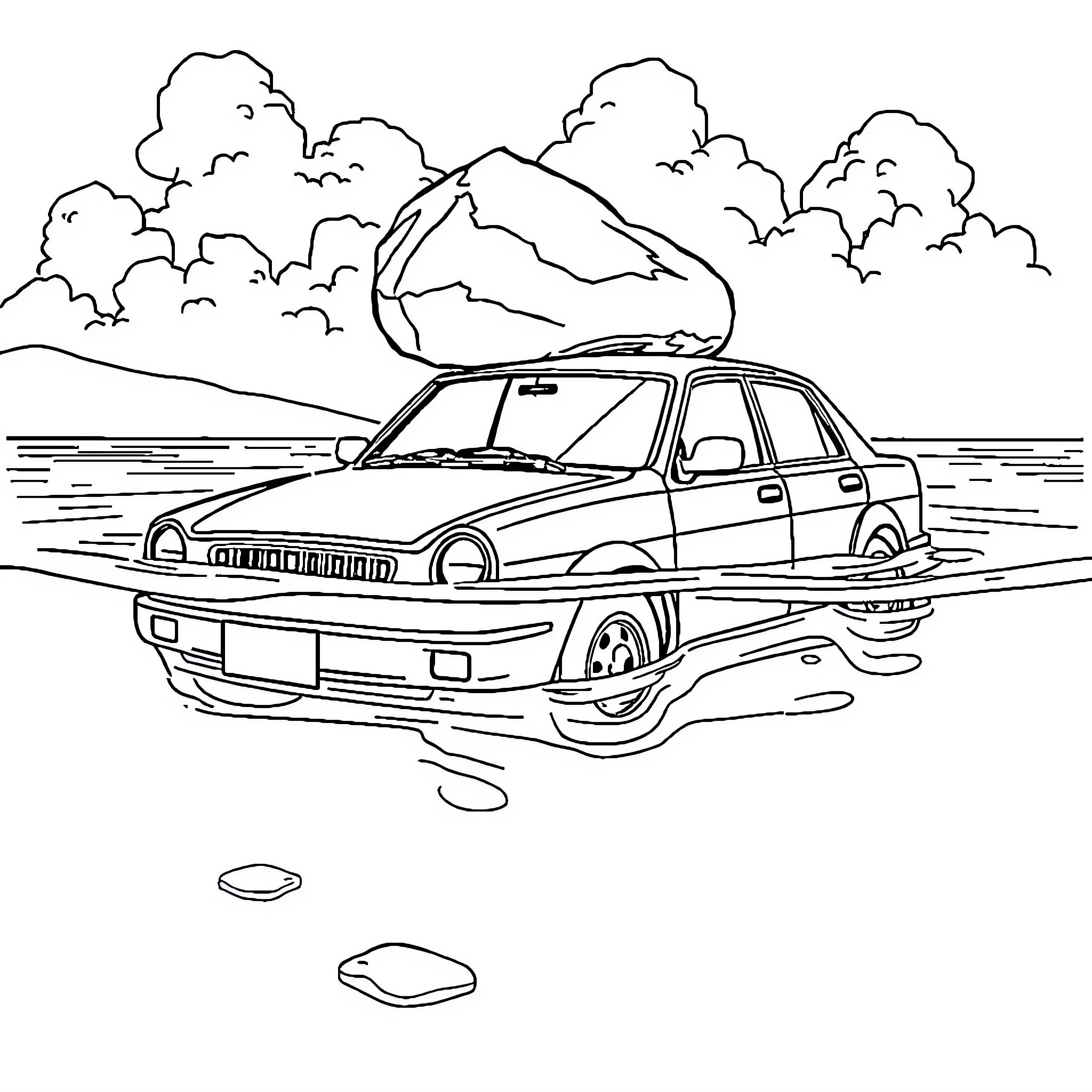Car stranded in flooded landscape Coloring Page (free black-and-white line drawing printable PDF for all, from beginners to advanced learners, including children, teens, adults, and seniors)