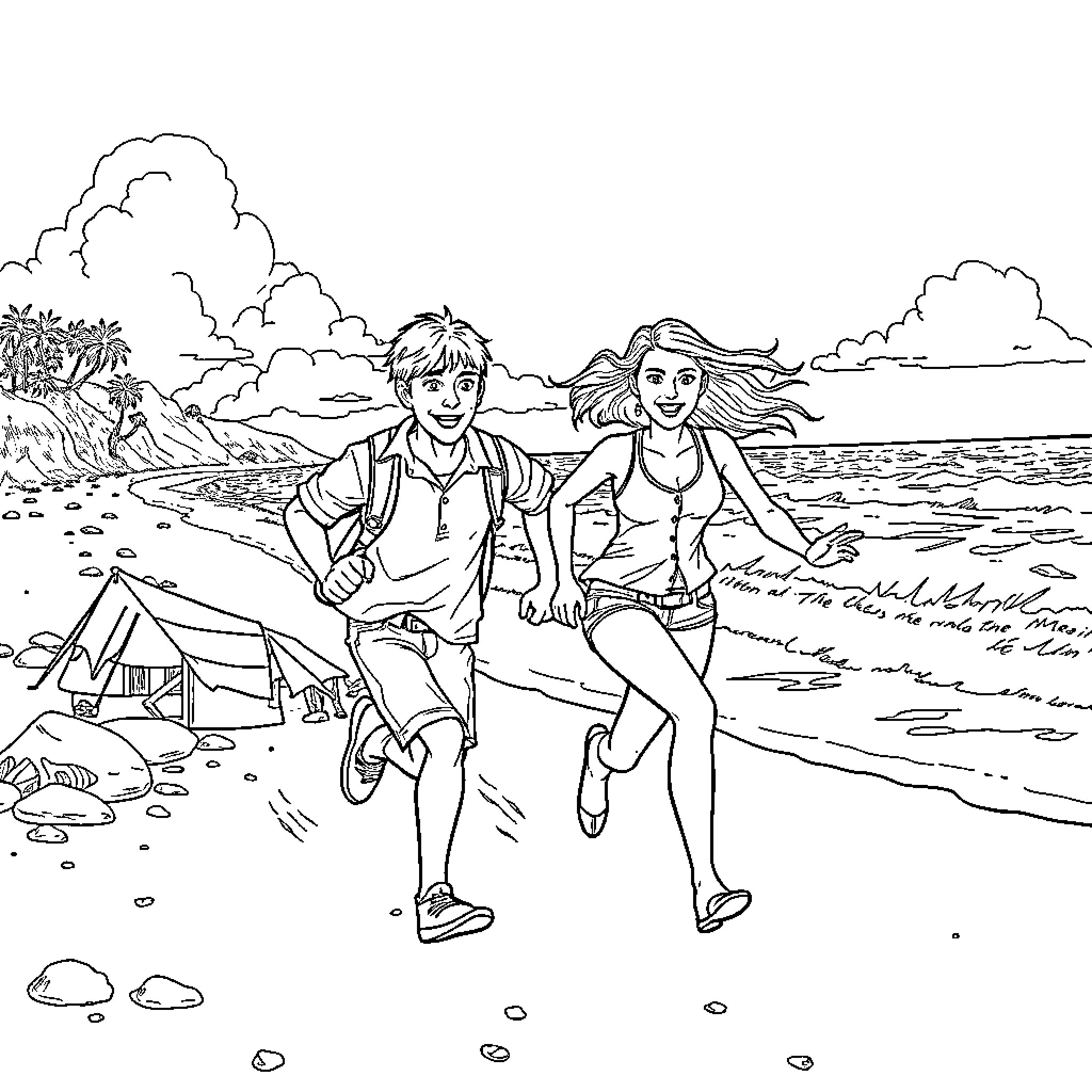 Owen & Claire's Coastal Adventure Coloring Page (free black-and-white line drawing printable PDF for all, from beginners to advanced learners, including children, teens, adults, and seniors)