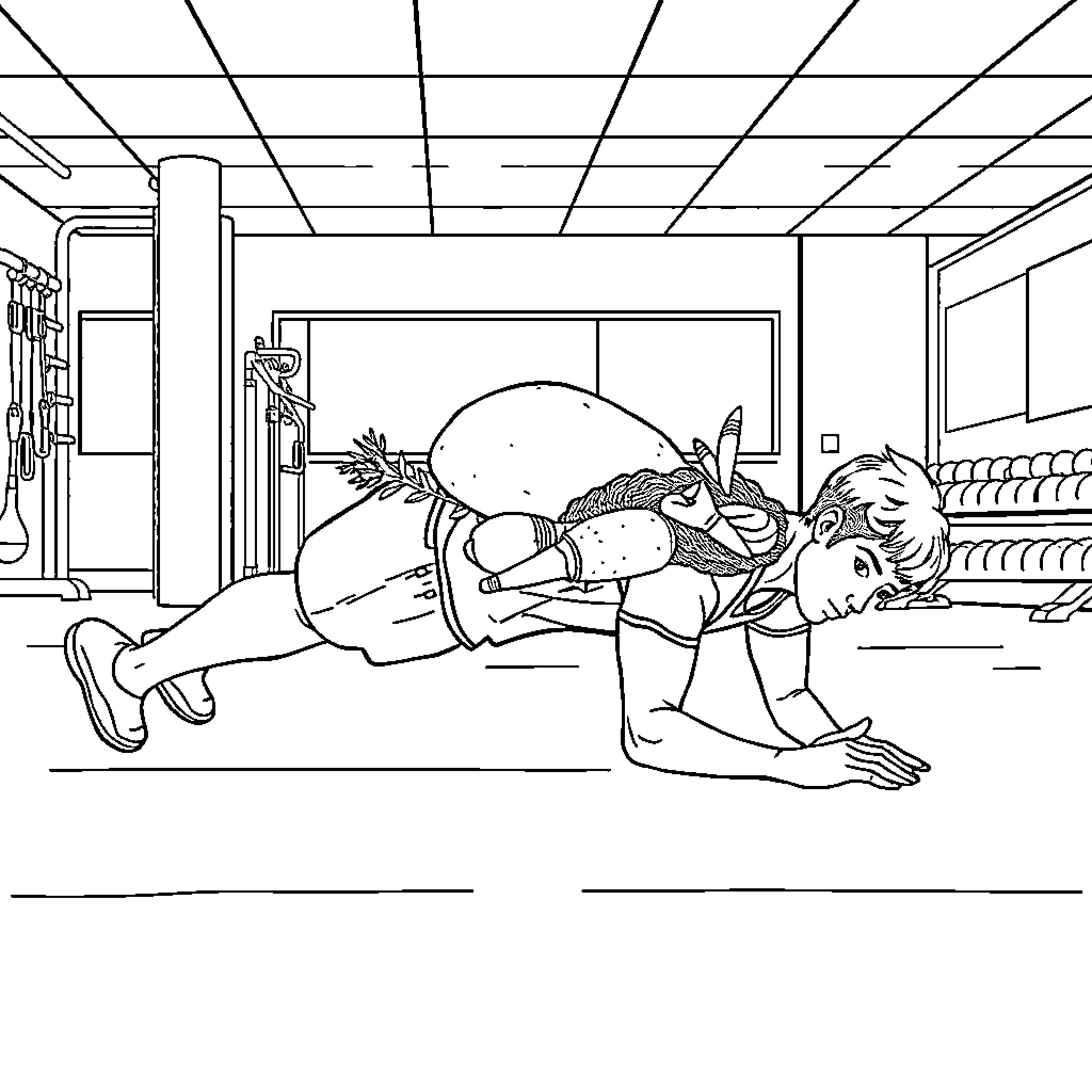 Person doing pushups in a gym setting Coloring Page (free black-and-white line drawing printable PDF for all, from beginners to advanced learners, including children, teens, adults, and seniors)