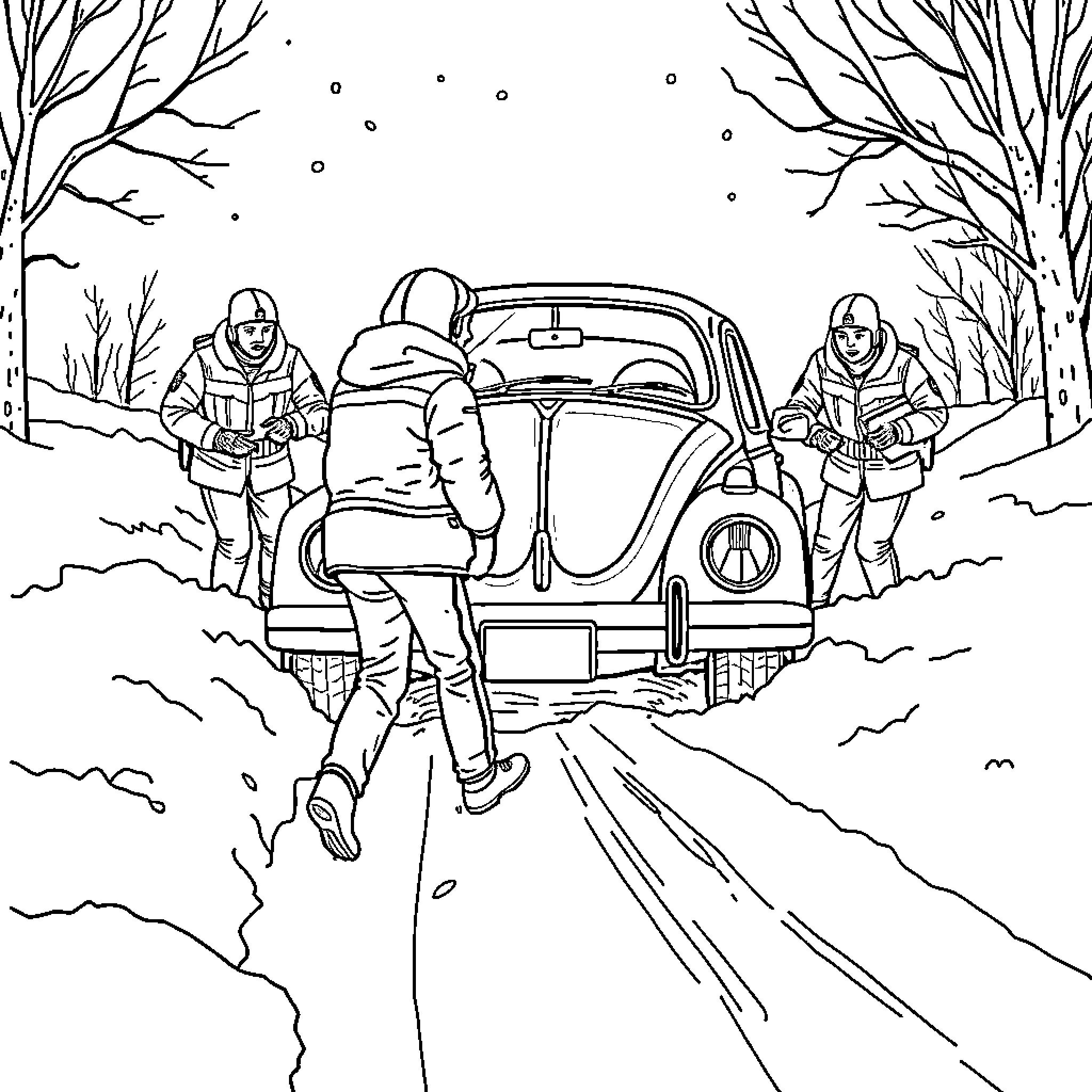 Volkswagen Beetle stranded in snowy wilderness with figures Coloring Page (free black-and-white line drawing printable PDF for all, from beginners to advanced learners, including children, teens, adults, and seniors)