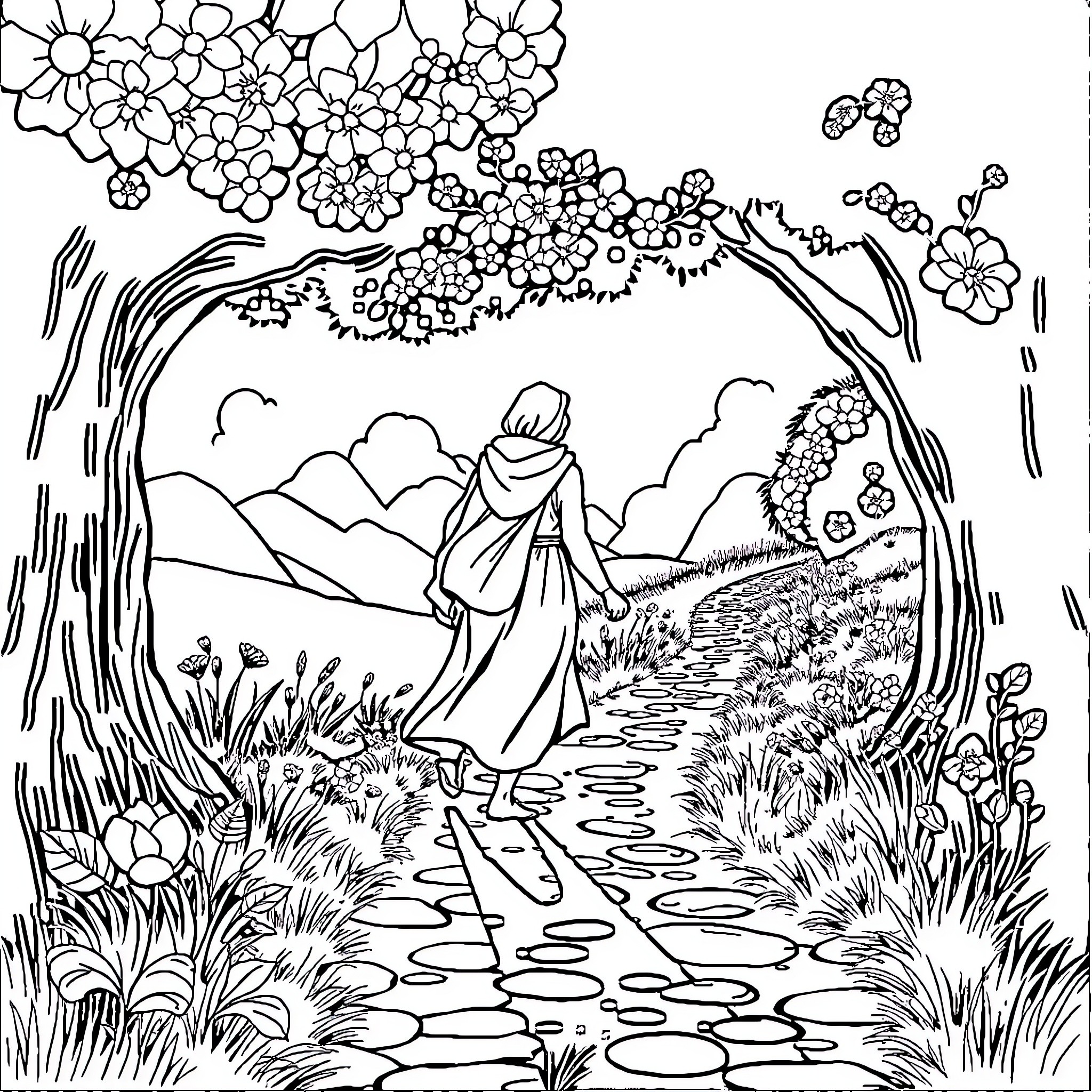 Faith: A serene journey through a flourishing landscape Coloring Page (free black-and-white line drawing printable PDF for all, from beginners to advanced learners, including children, teens, adults, and seniors)