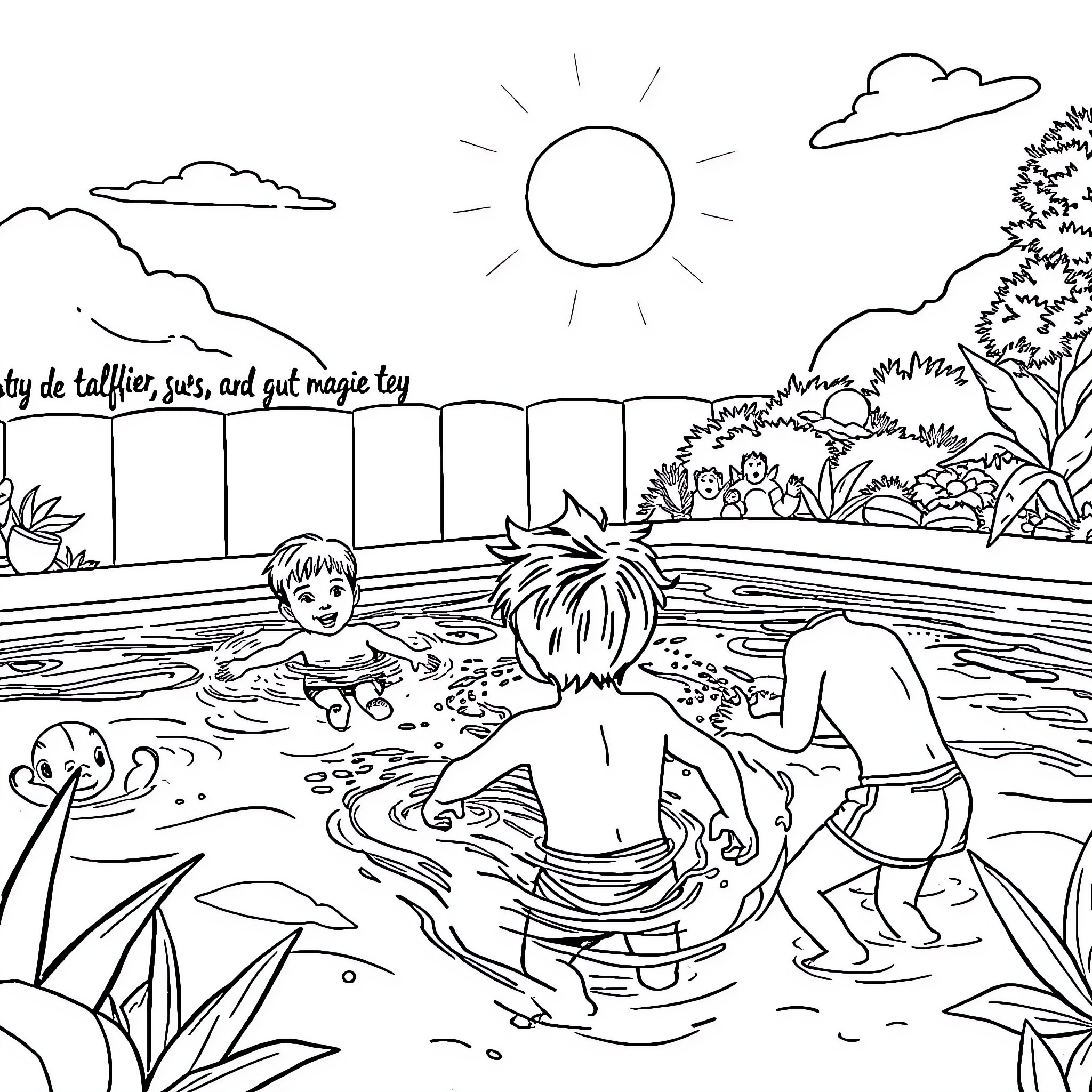 Miraculous Outdoor Adventure and Playful Swimming Coloring Page (free black-and-white line drawing printable PDF for all, from beginners to advanced learners, including children, teens, adults, and seniors)