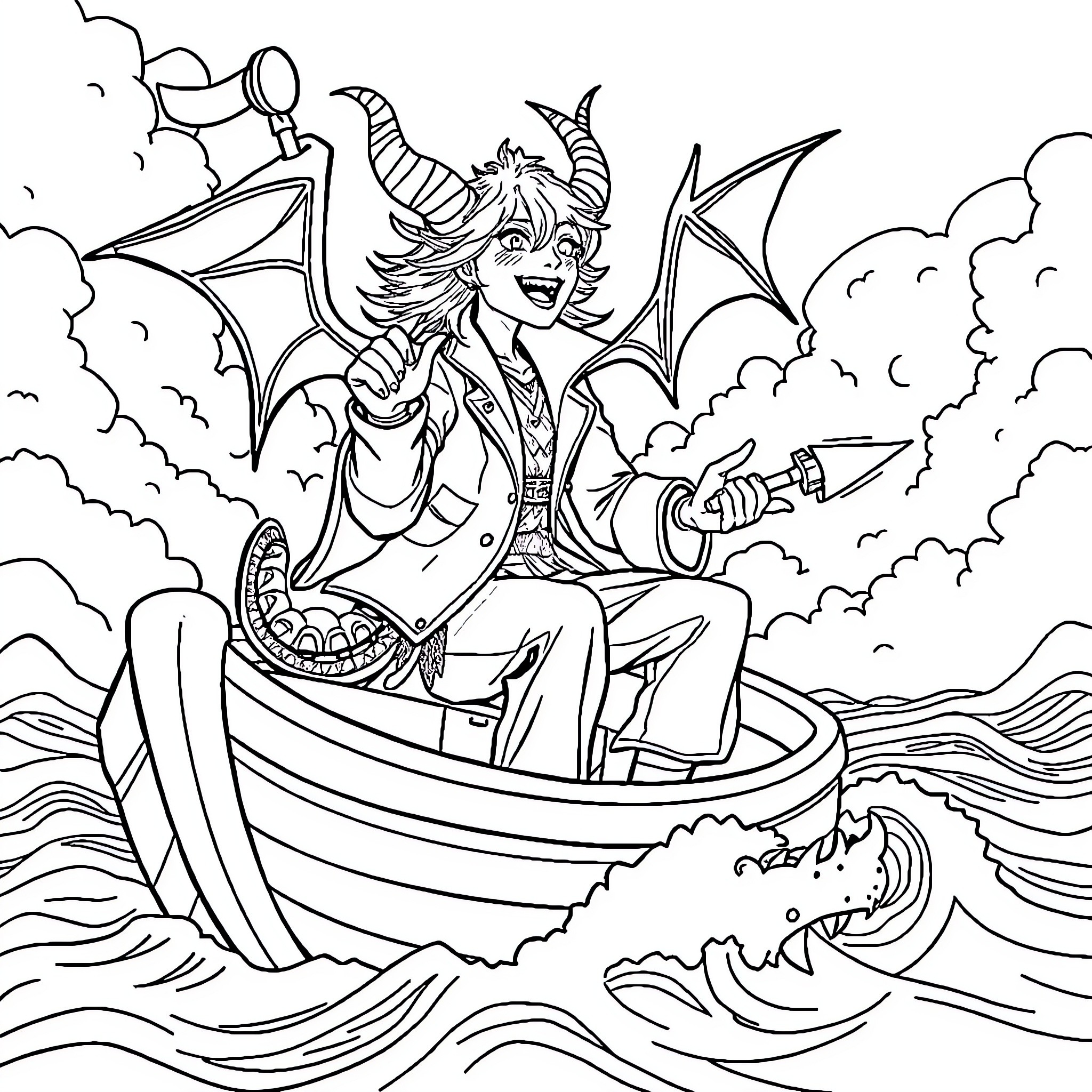 Demon Hunter Sails a Mythical Boat on Stormy Seas Coloring Page (free black-and-white line drawing printable PDF for all, from beginners to advanced learners, including children, teens, adults, and seniors)