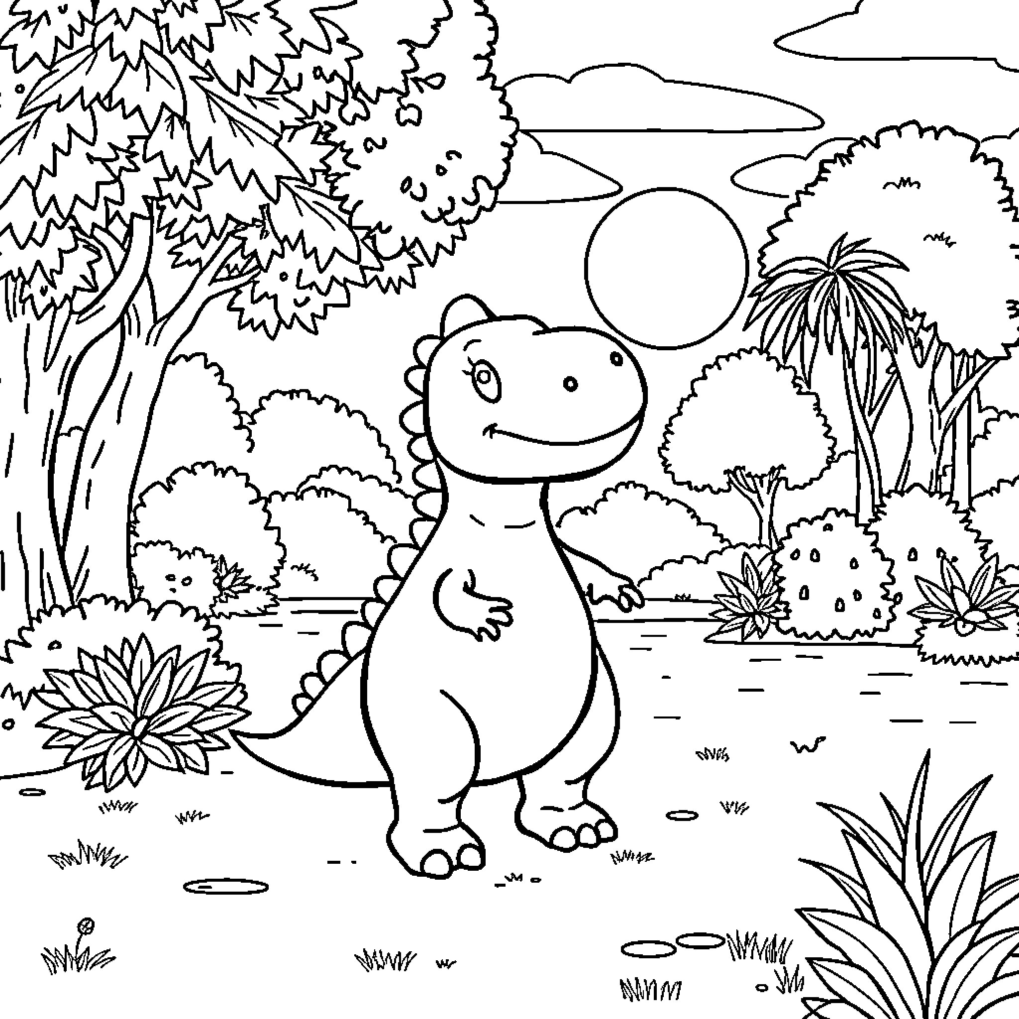 Dino exploring the jungle landscape Coloring Page (free black-and-white line drawing printable PDF for all, from beginners to advanced learners, including children, teens, adults, and seniors)