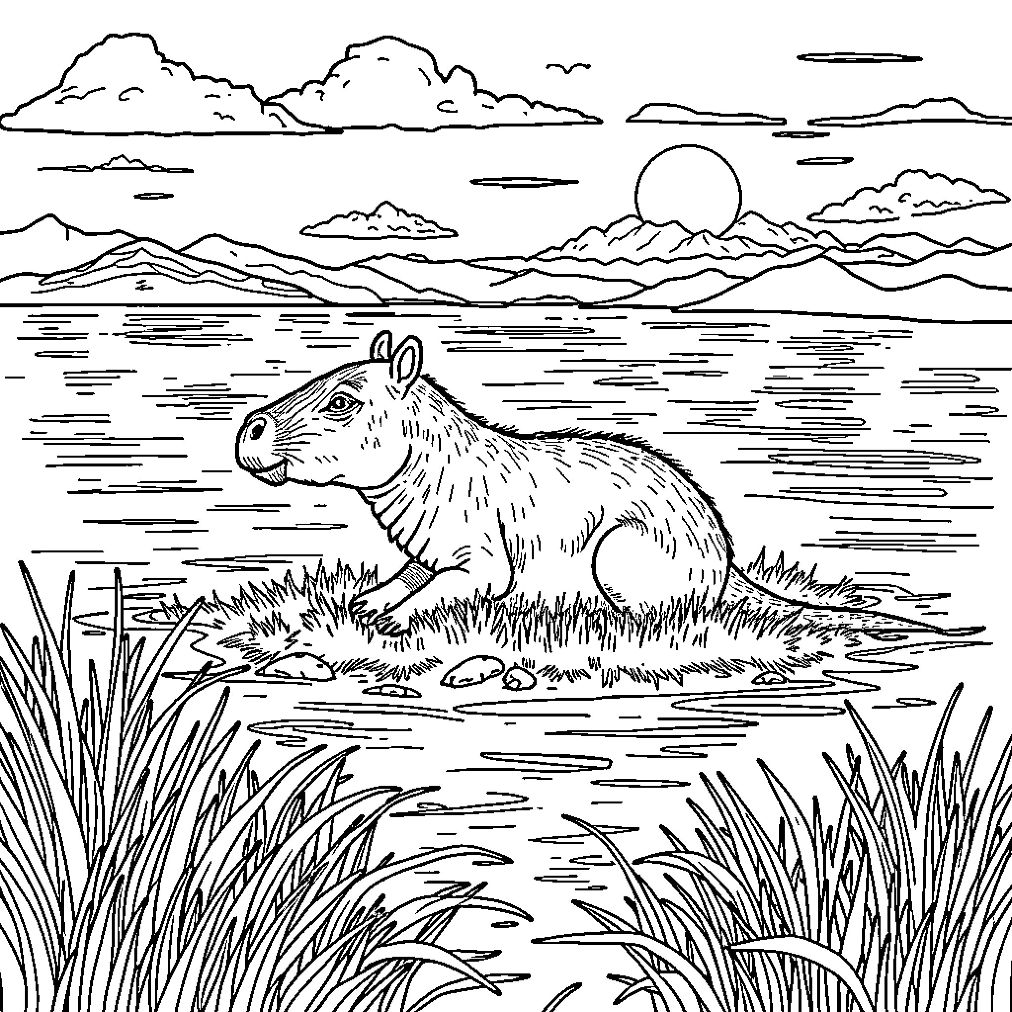 Capybara relaxing in serene natural landscape Coloring Page (free black-and-white line drawing printable PDF for all, from beginners to advanced learners, including children, teens, adults, and seniors)