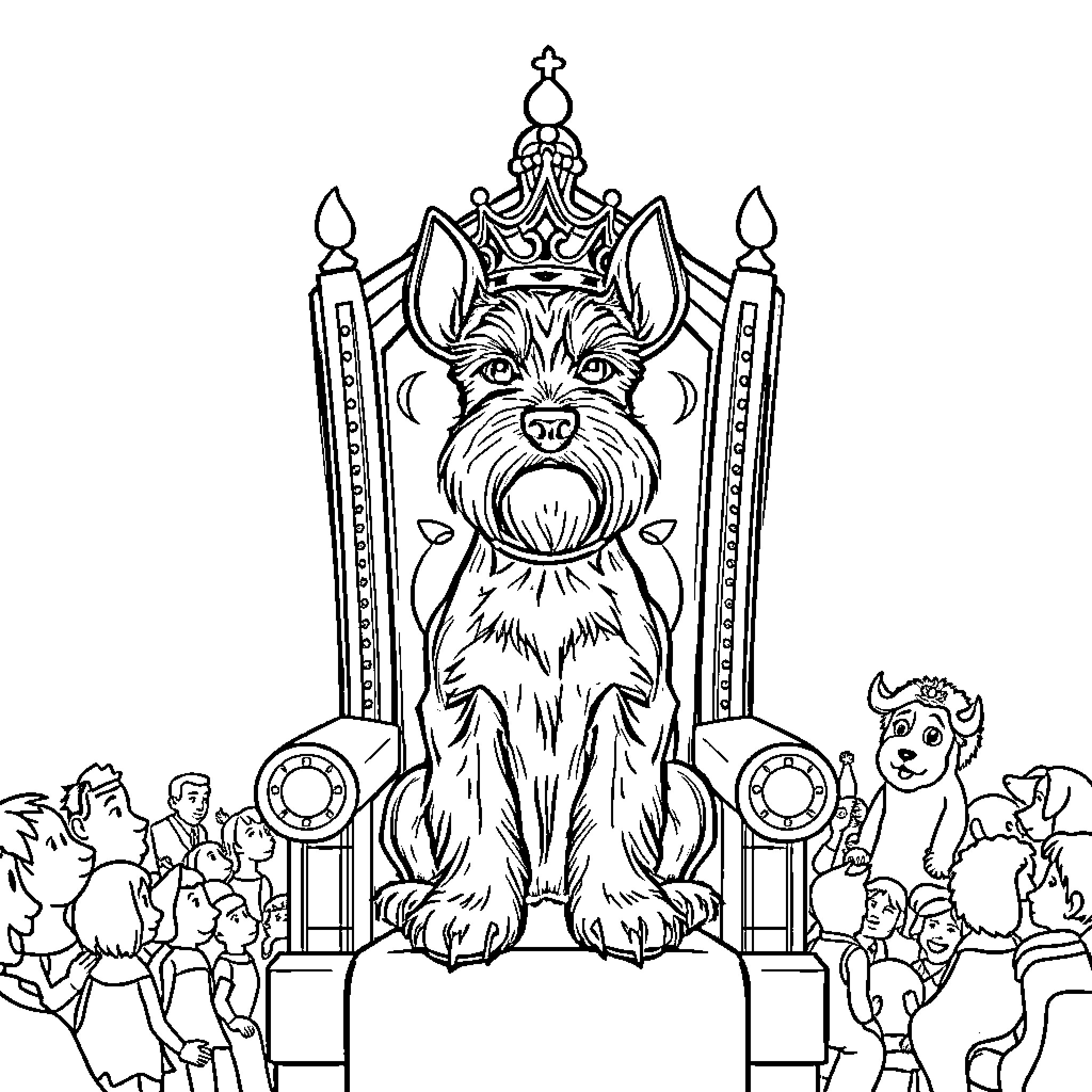 Schnauzer crowned ruler amid loyal subjects Coloring Page (free black-and-white line drawing printable PDF for all, from beginners to advanced learners, including children, teens, adults, and seniors)