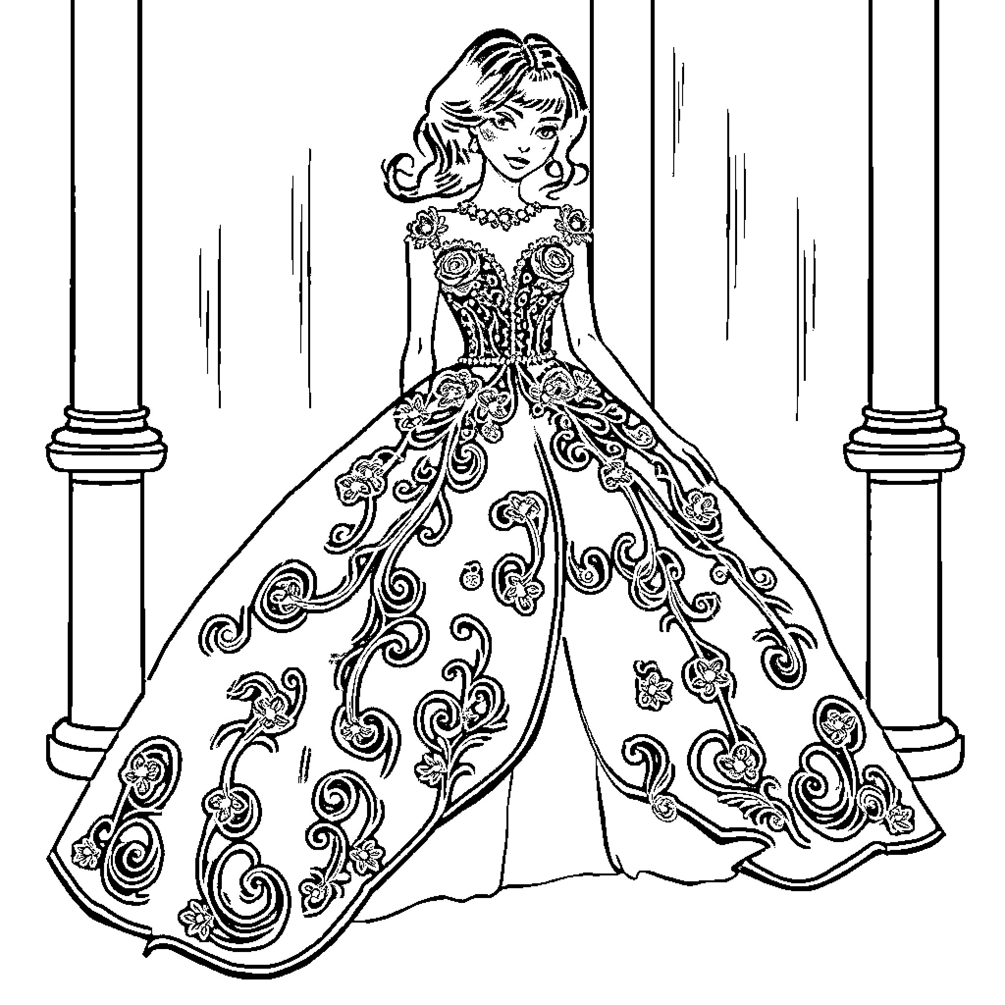 Dress with elegant floral patterns and flowing design Coloring Page (free black-and-white line drawing printable PDF for all, from beginners to advanced learners, including children, teens, adults, and seniors)