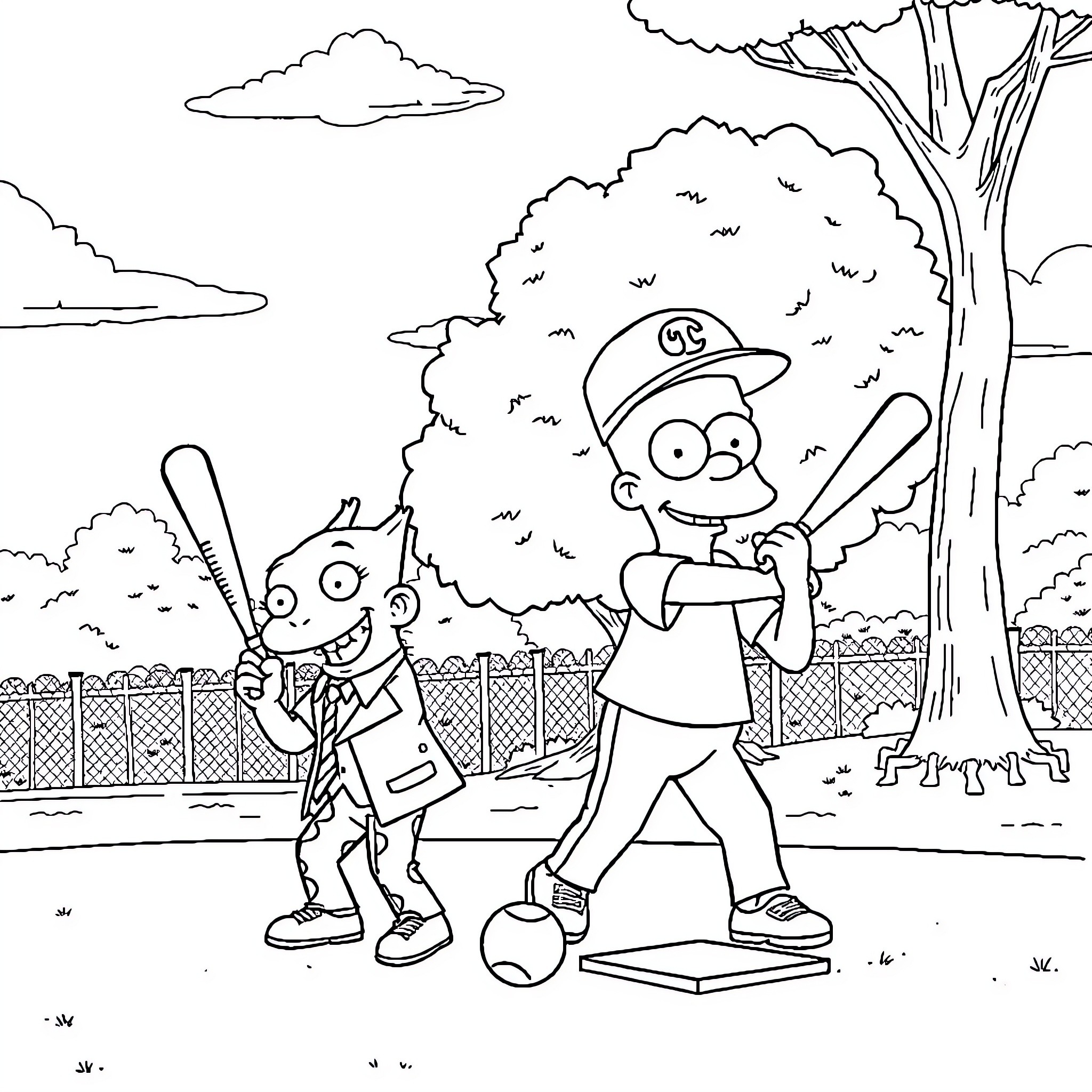 Characters playing baseball on a sunny day Coloring Page (free black-and-white line drawing printable PDF for all, from beginners to advanced learners, including children, teens, adults, and seniors)