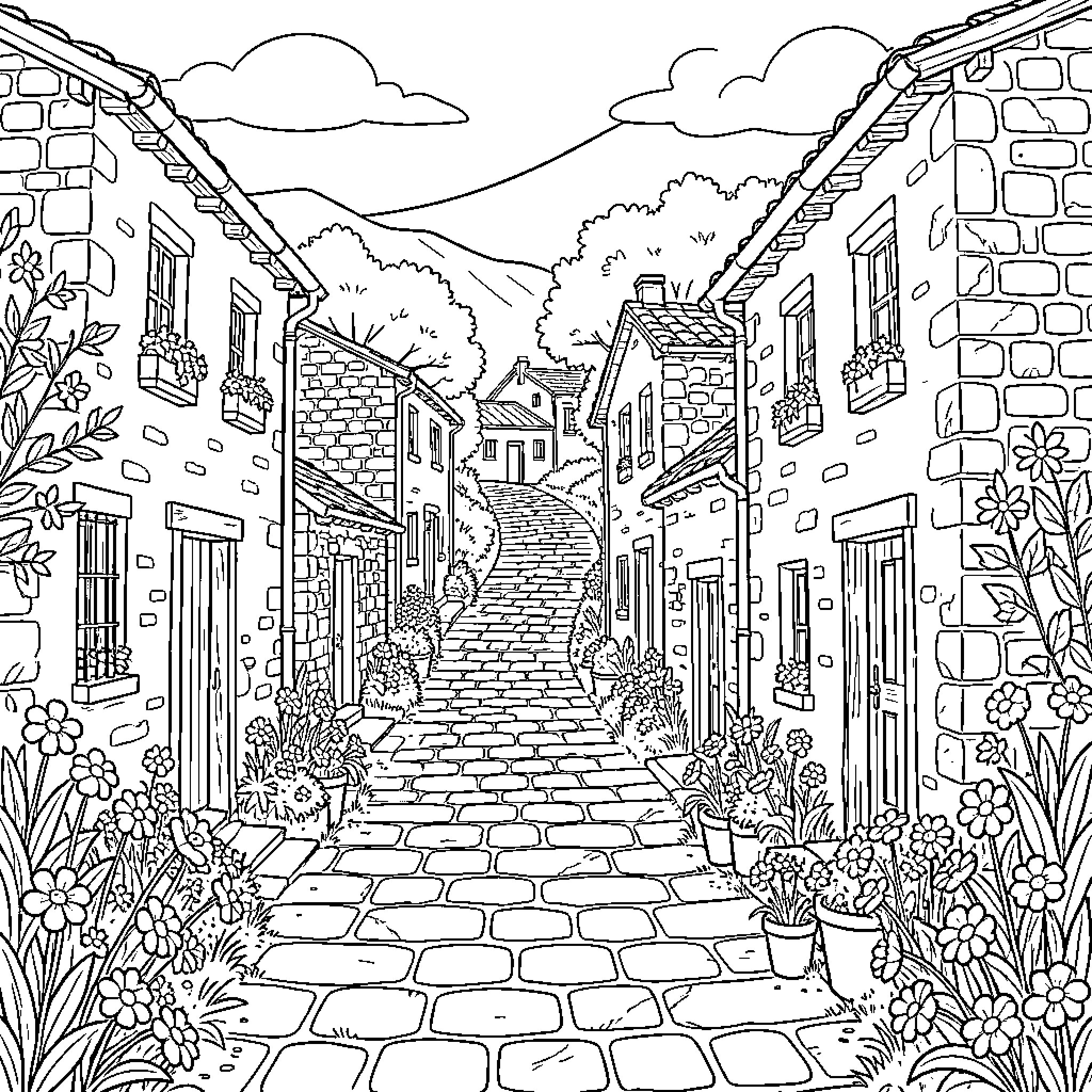 Street scene of quaint village with cobblestone path Coloring Page (free black-and-white line drawing printable PDF for all, from beginners to advanced learners, including children, teens, adults, and seniors)