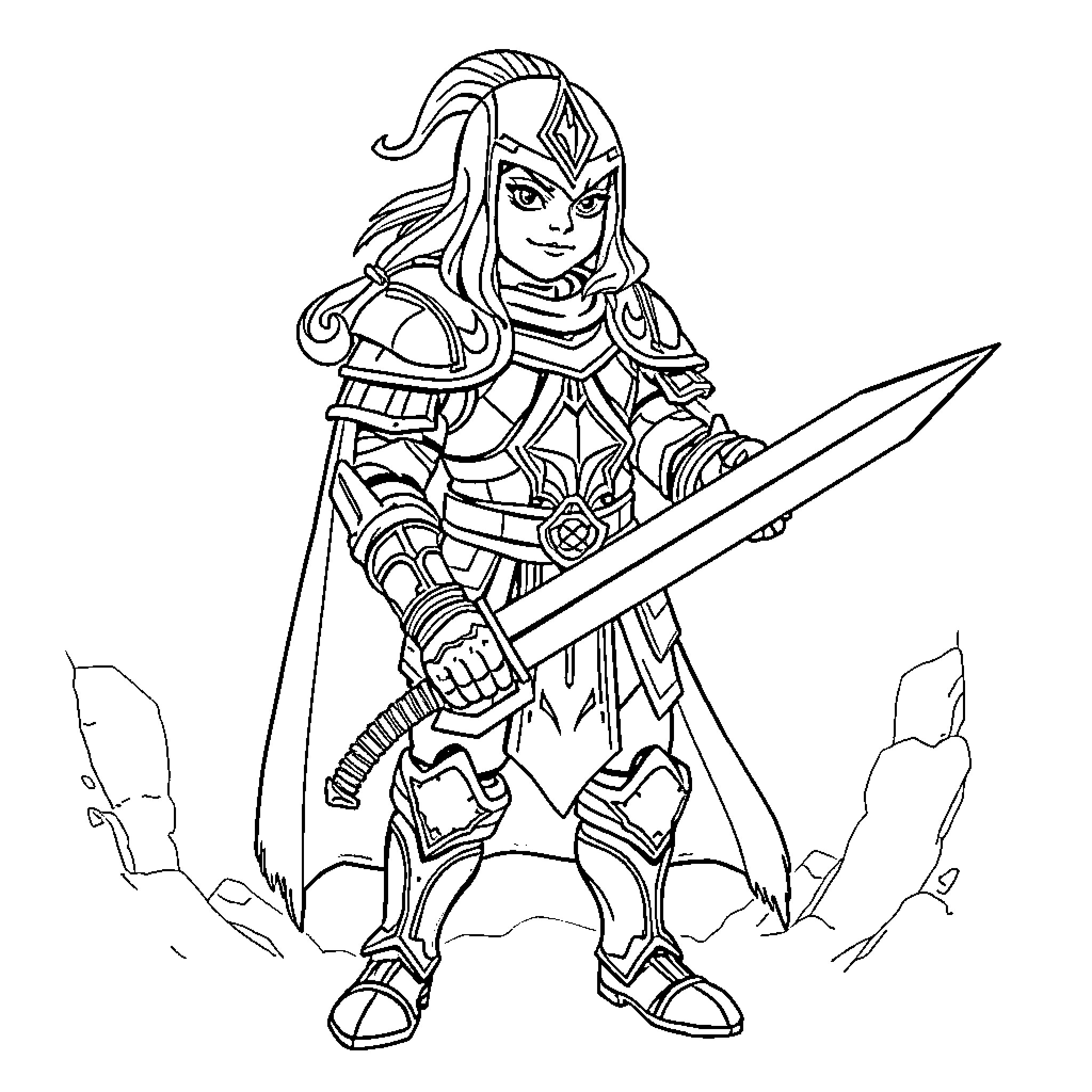 DND Character in Heroic Battle Pose Coloring Page (free black-and-white line drawing printable PDF for all, from beginners to advanced learners, including children, teens, adults, and seniors)