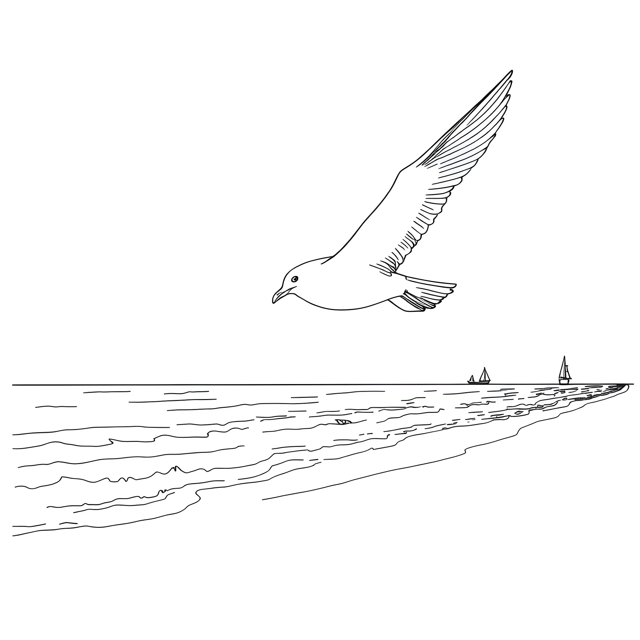 Seagull soaring over the serene shoreline Coloring Page (free black-and-white line drawing printable PDF for all, from beginners to advanced learners, including children, teens, adults, and seniors)