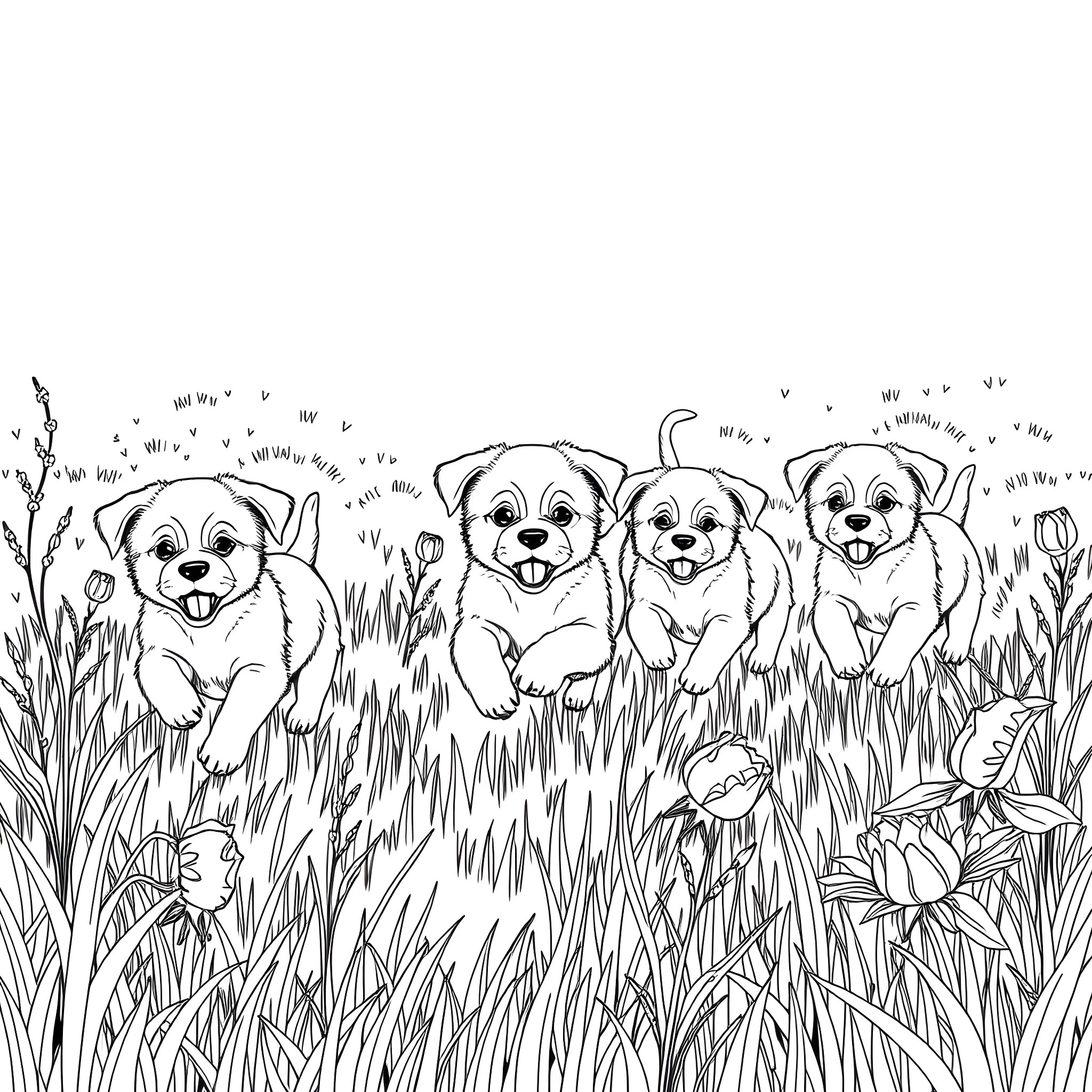 Puppy playing joyfully in the meadow Coloring Page (free black-and-white line drawing printable PDF for all, from beginners to advanced learners, including children, teens, adults, and seniors)