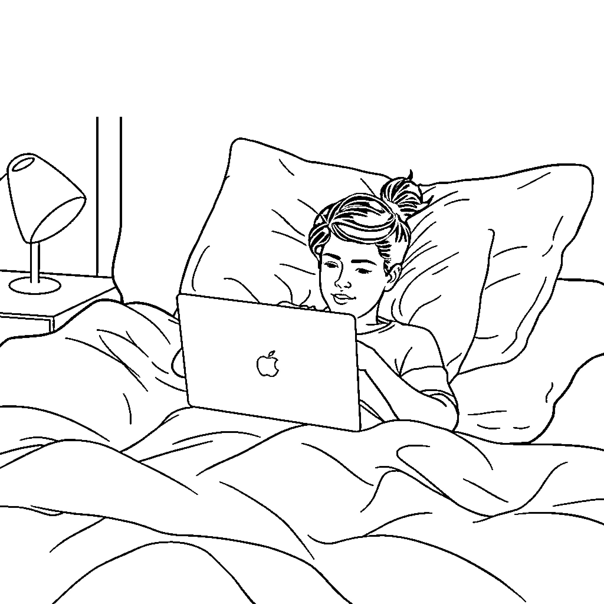 Laptop user relaxing in bed Coloring Page (free black-and-white line drawing printable PDF for all, from beginners to advanced learners, including children, teens, adults, and seniors)