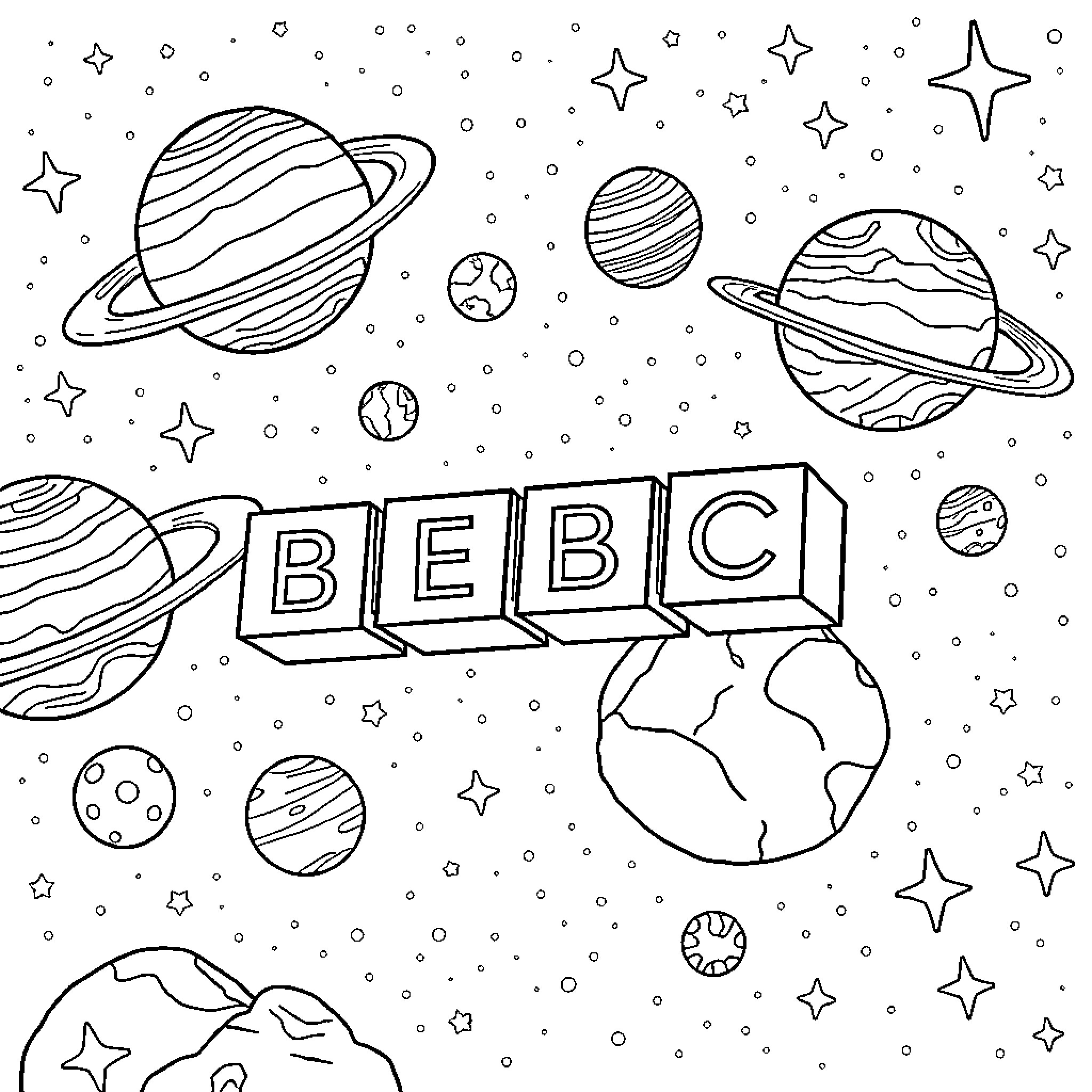 Numberblock planets in the starry space Coloring Page (free black-and-white line drawing printable PDF for all, from beginners to advanced learners, including children, teens, adults, and seniors)