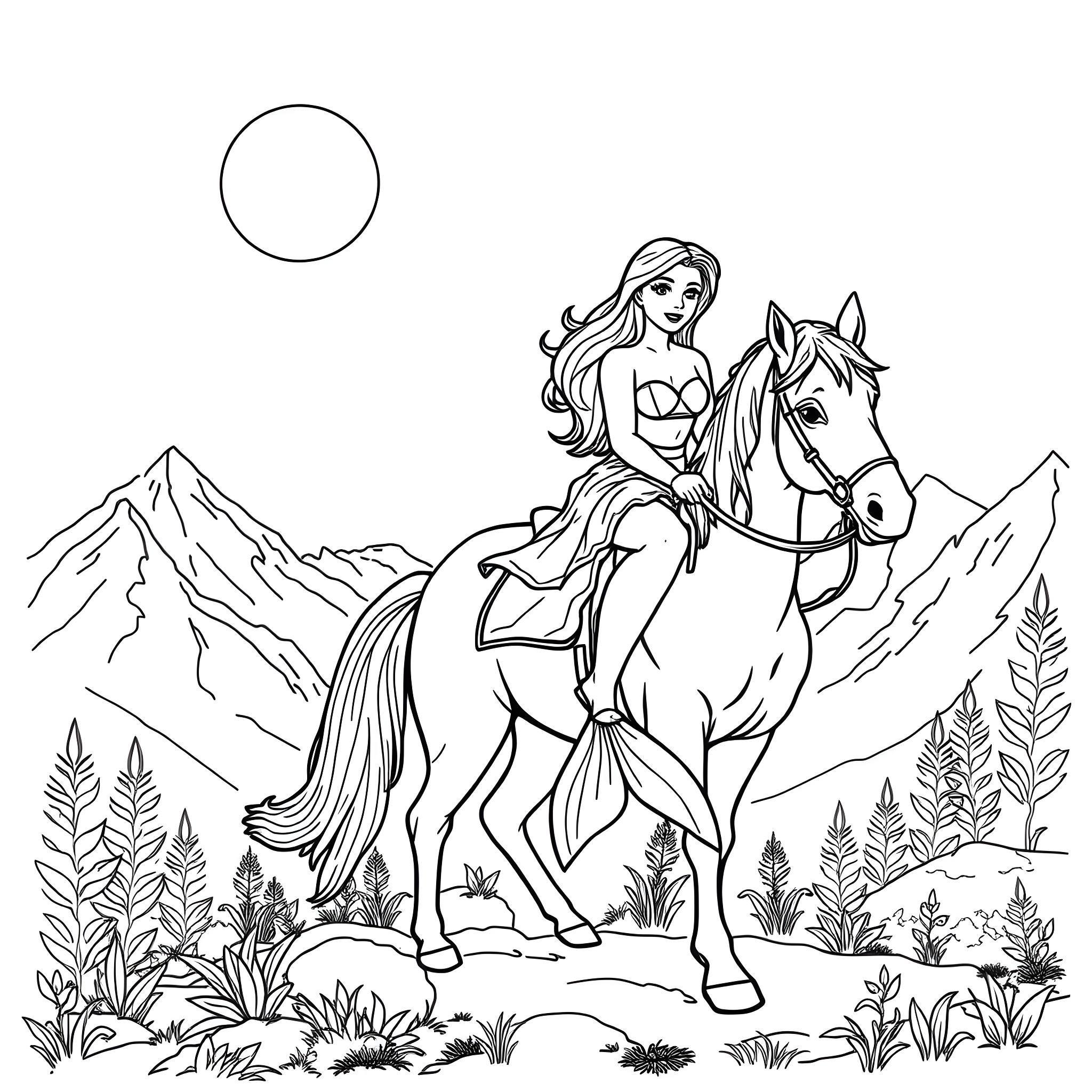 Mermaid riding a horse through a mountain landscape Coloring Page (free black-and-white line drawing printable PDF for all, from beginners to advanced learners, including children, teens, adults, and seniors)