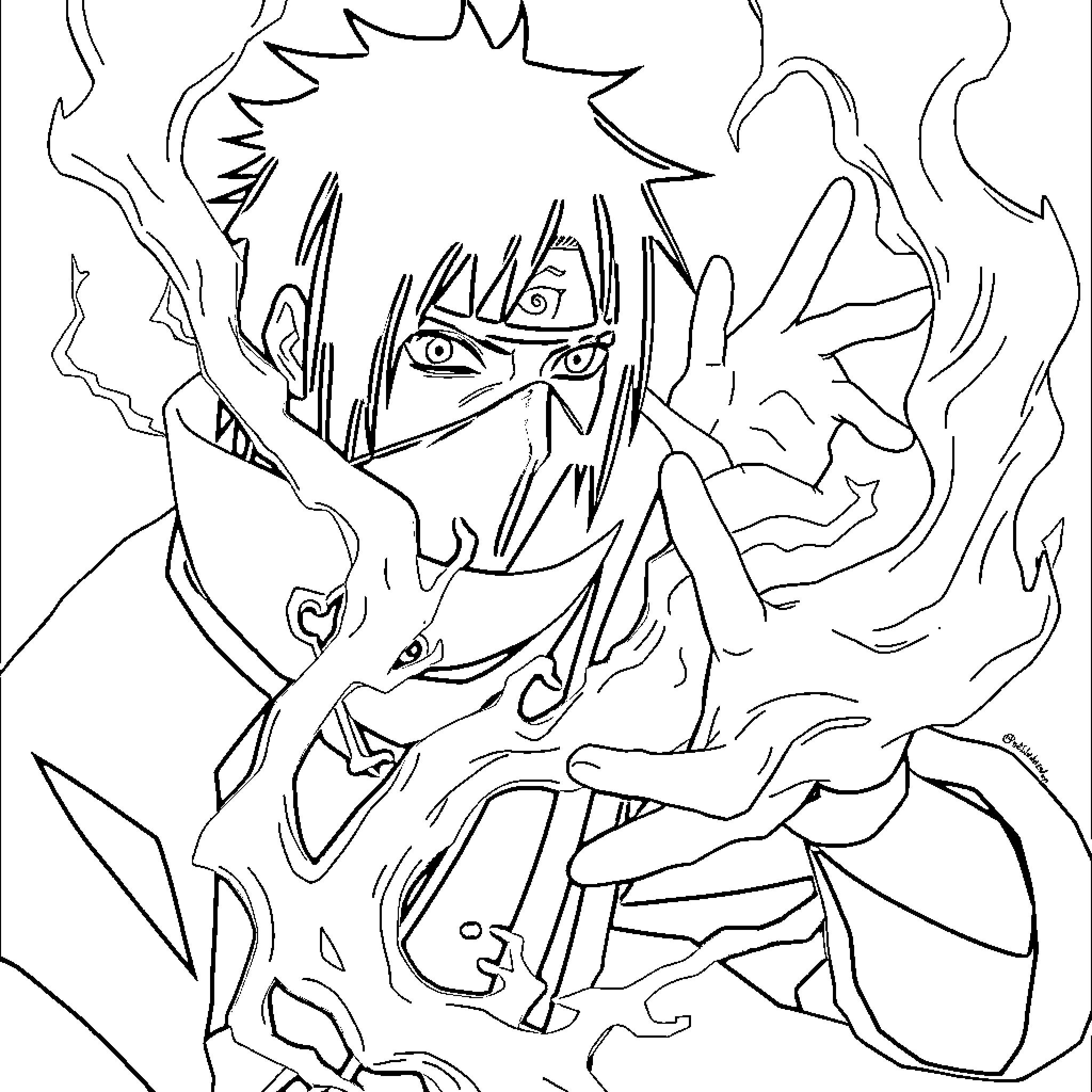 Itachi's Intense Ninja Abilities Showcased Coloring Page (free black-and-white line drawing printable PDF for all, from beginners to advanced learners, including children, teens, adults, and seniors)