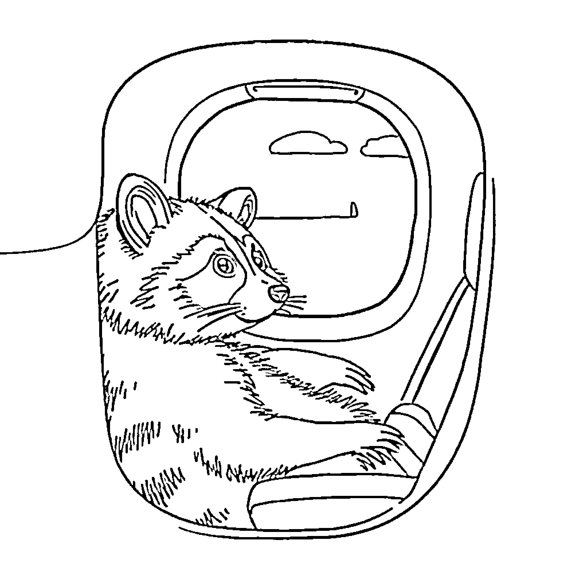 Raccoon peering out from pet carrier Coloring Page (free black-and-white line drawing printable PDF for all, from beginners to advanced learners, including children, teens, adults, and seniors)
