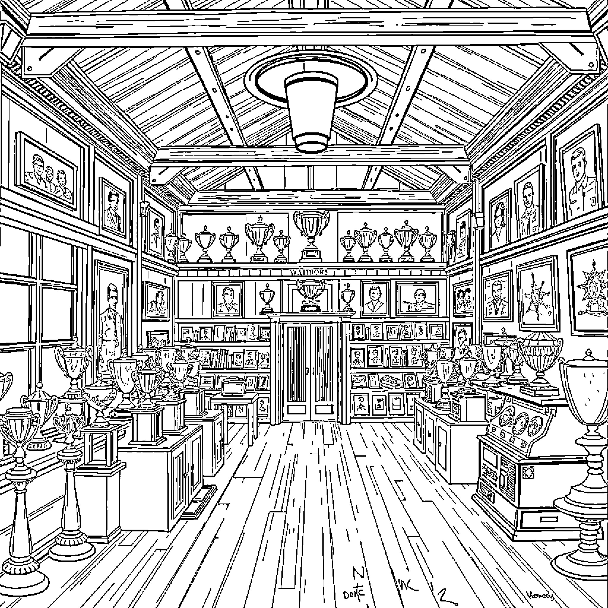 Hall of Trophy and Memorabilia Display Coloring Page (free black-and-white line drawing printable PDF for all, from beginners to advanced learners, including children, teens, adults, and seniors)