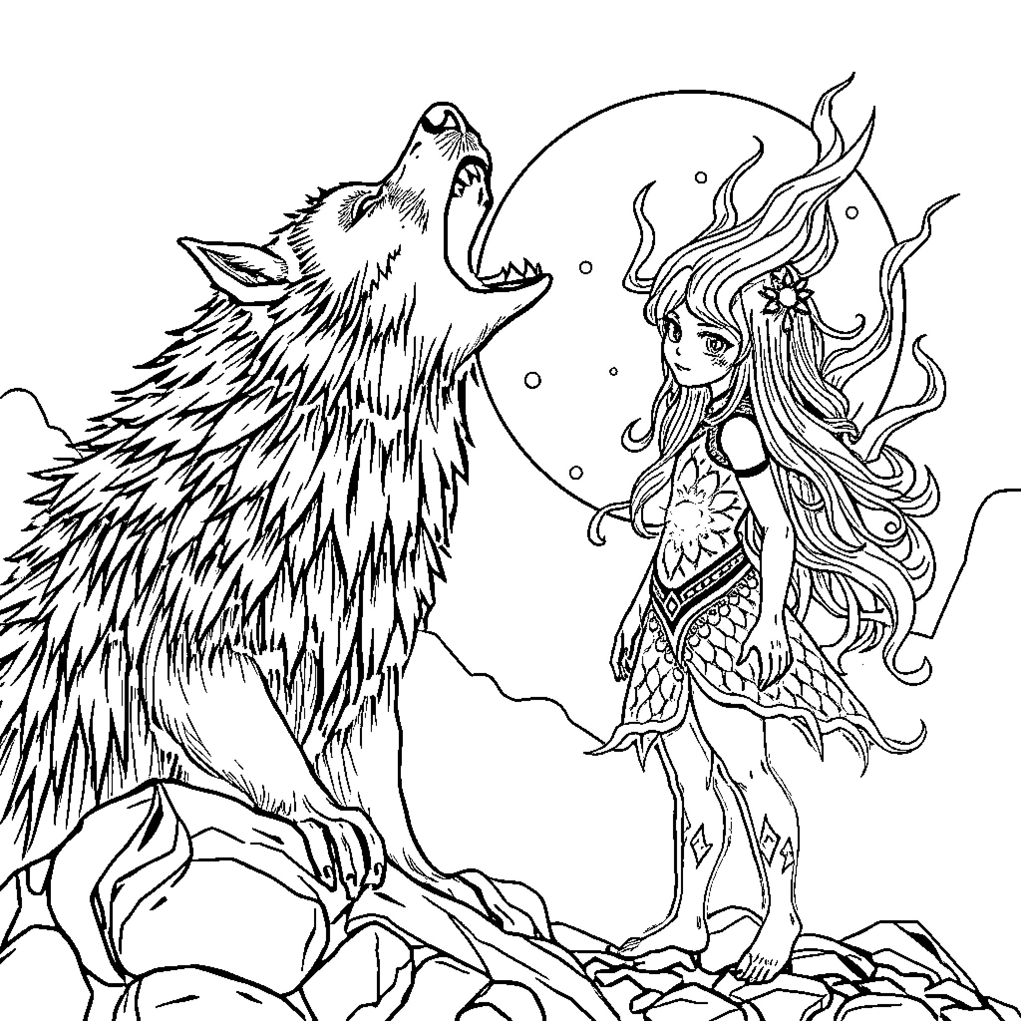 Werewolf howling at magical woodland creature Coloring Page (free black-and-white line drawing printable PDF for all, from beginners to advanced learners, including children, teens, adults, and seniors)