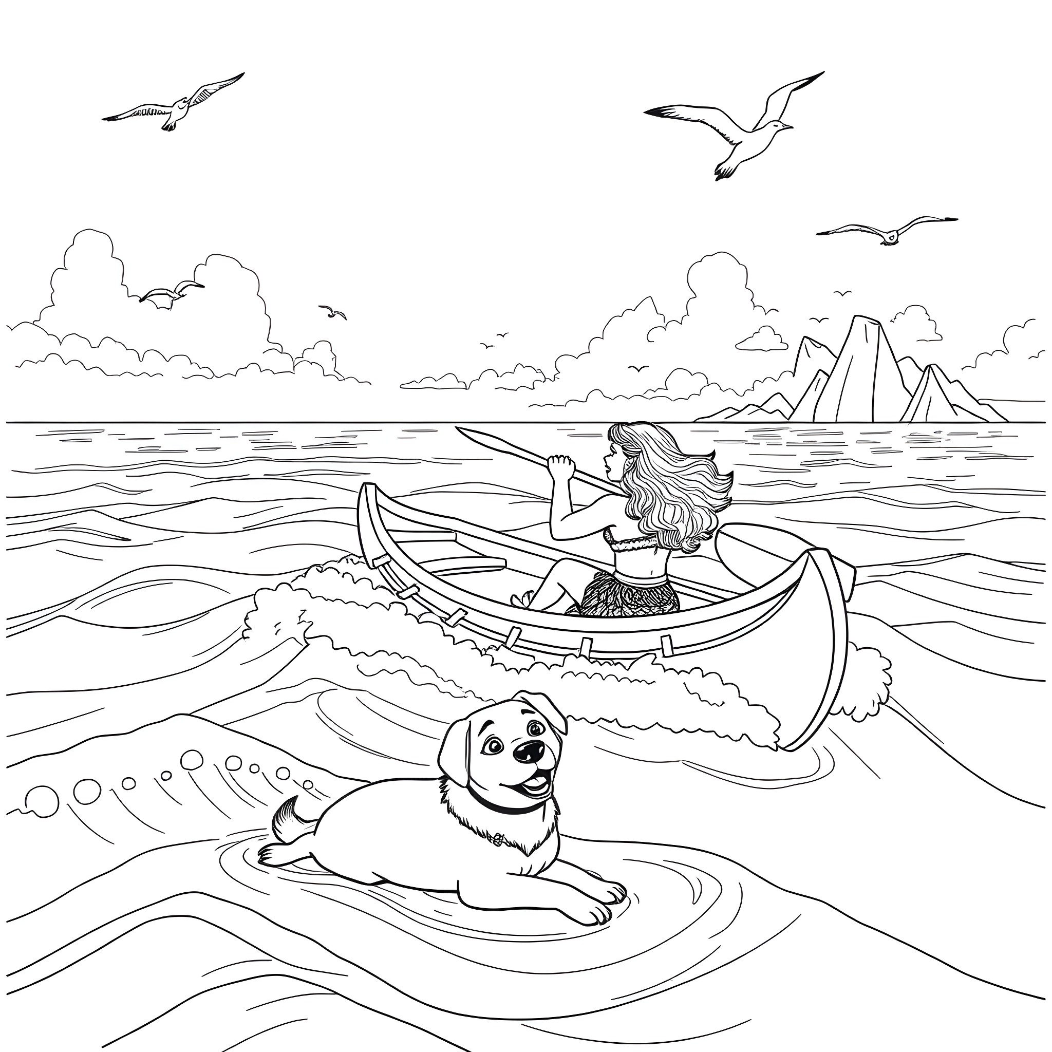 Moana voyaging with her dog on the open sea Coloring Page (free black-and-white line drawing printable PDF for all, from beginners to advanced learners, including children, teens, adults, and seniors)