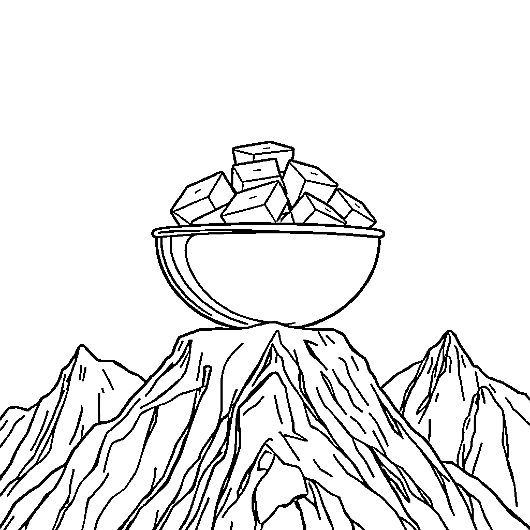 Bowl of Crystals Atop Rugged Mountains Coloring Page (free black-and-white line drawing printable PDF for all, from beginners to advanced learners, including children, teens, adults, and seniors)