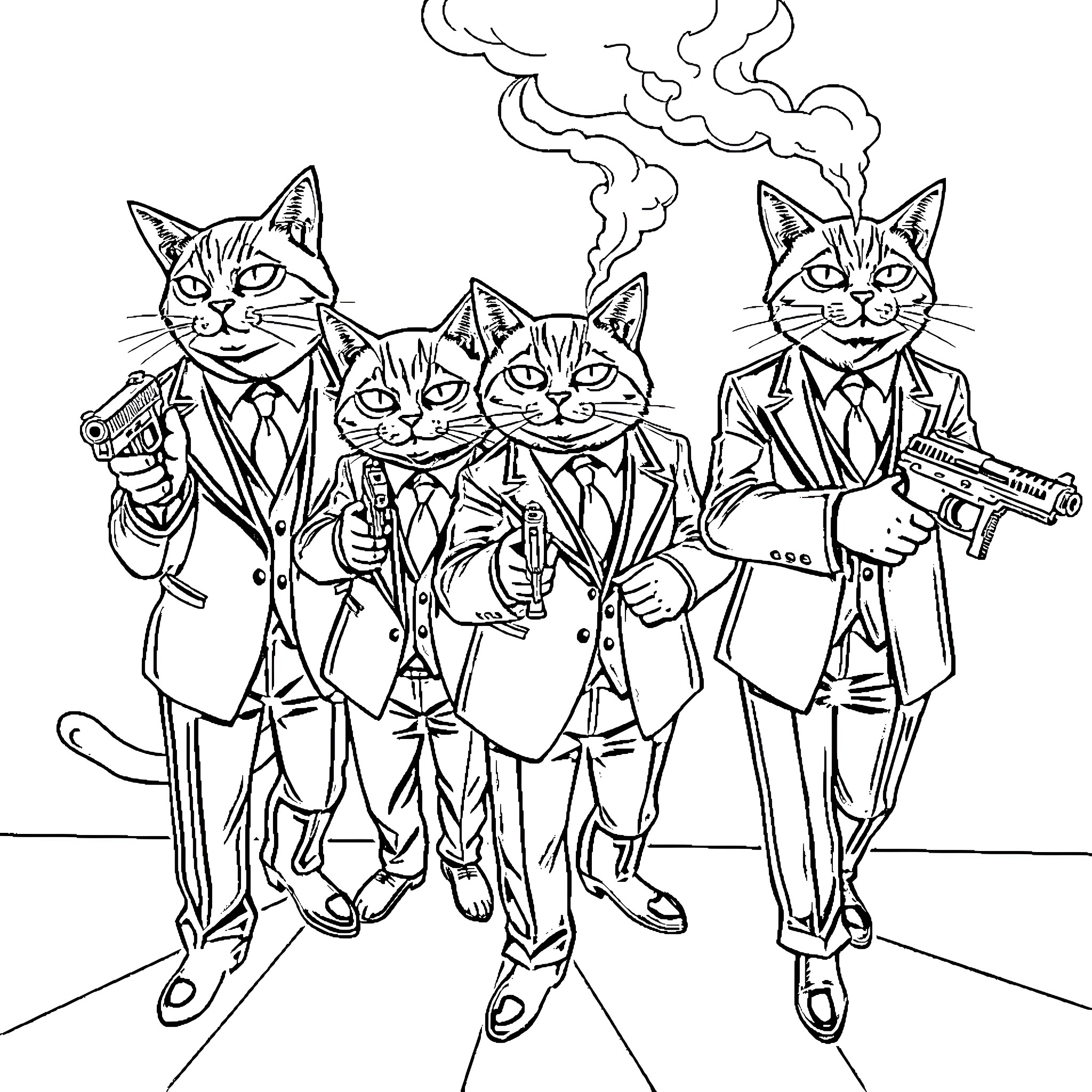 Gangster Cats in Suits Wielding Firearms Coloring Page (free black-and-white line drawing printable PDF for all, from beginners to advanced learners, including children, teens, adults, and seniors)