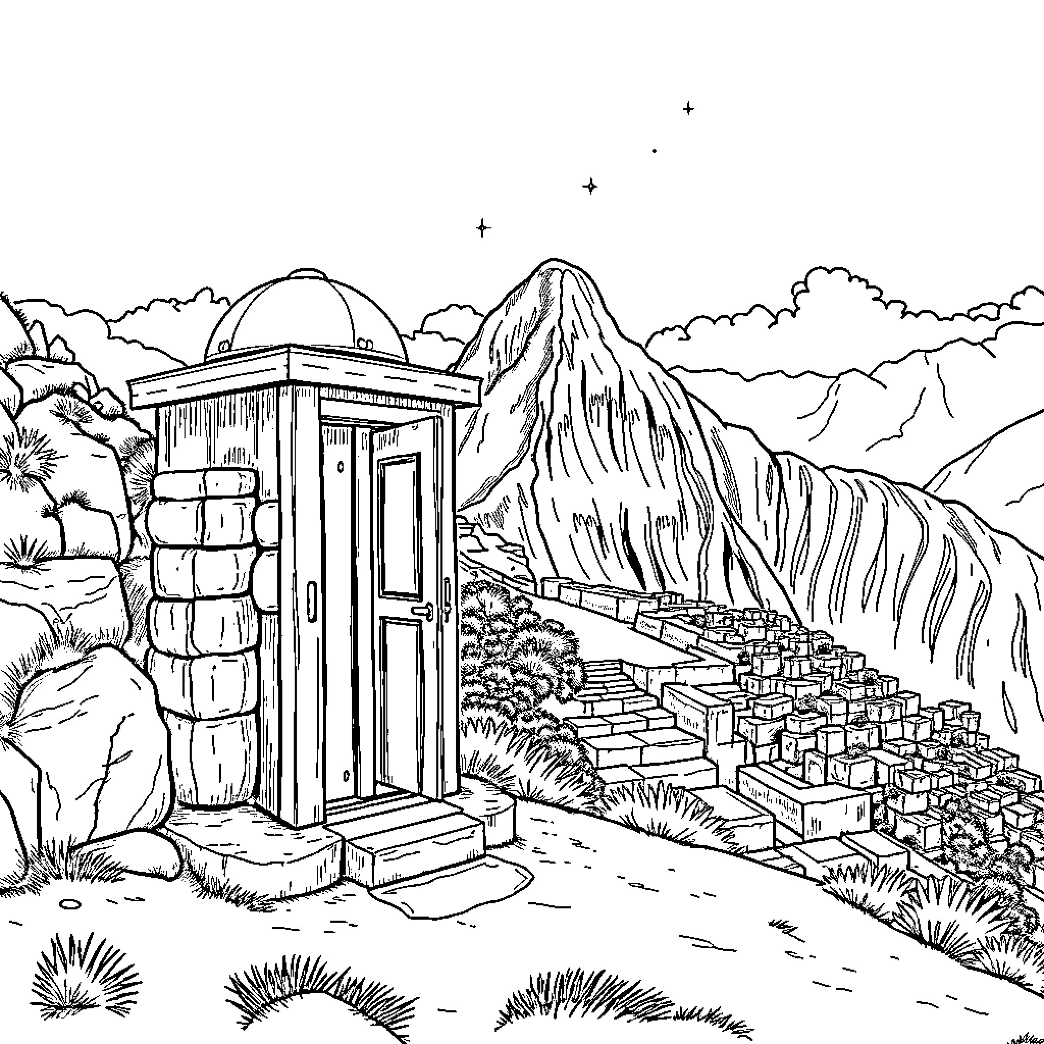 Toilet in a Serene Mountain Landscape Coloring Page (free black-and-white line drawing printable PDF for all, from beginners to advanced learners, including children, teens, adults, and seniors)