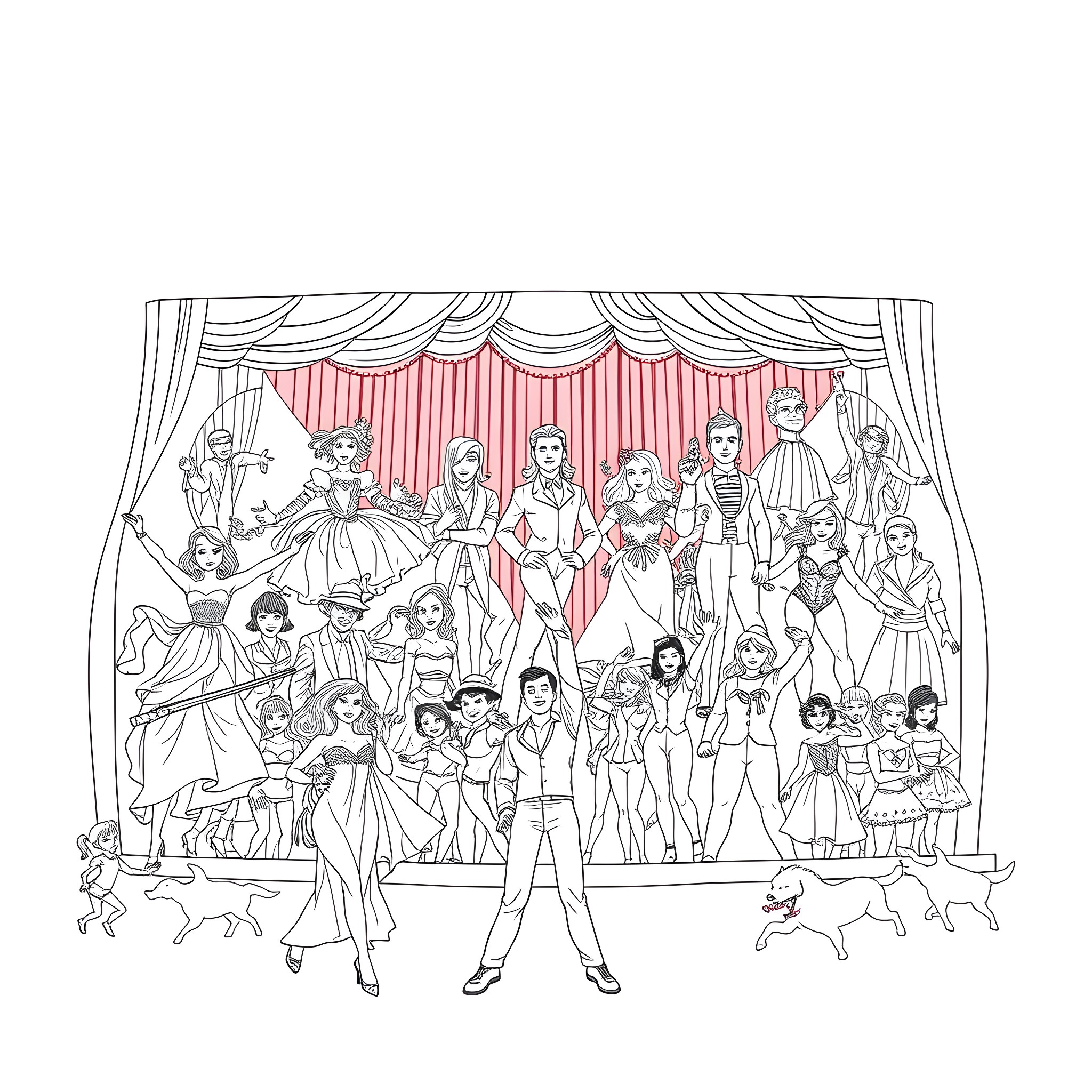 Musical Performance on Stage with Diverse Characters Coloring Page (free black-and-white line drawing printable PDF for all, from beginners to advanced learners, including children, teens, adults, and seniors)