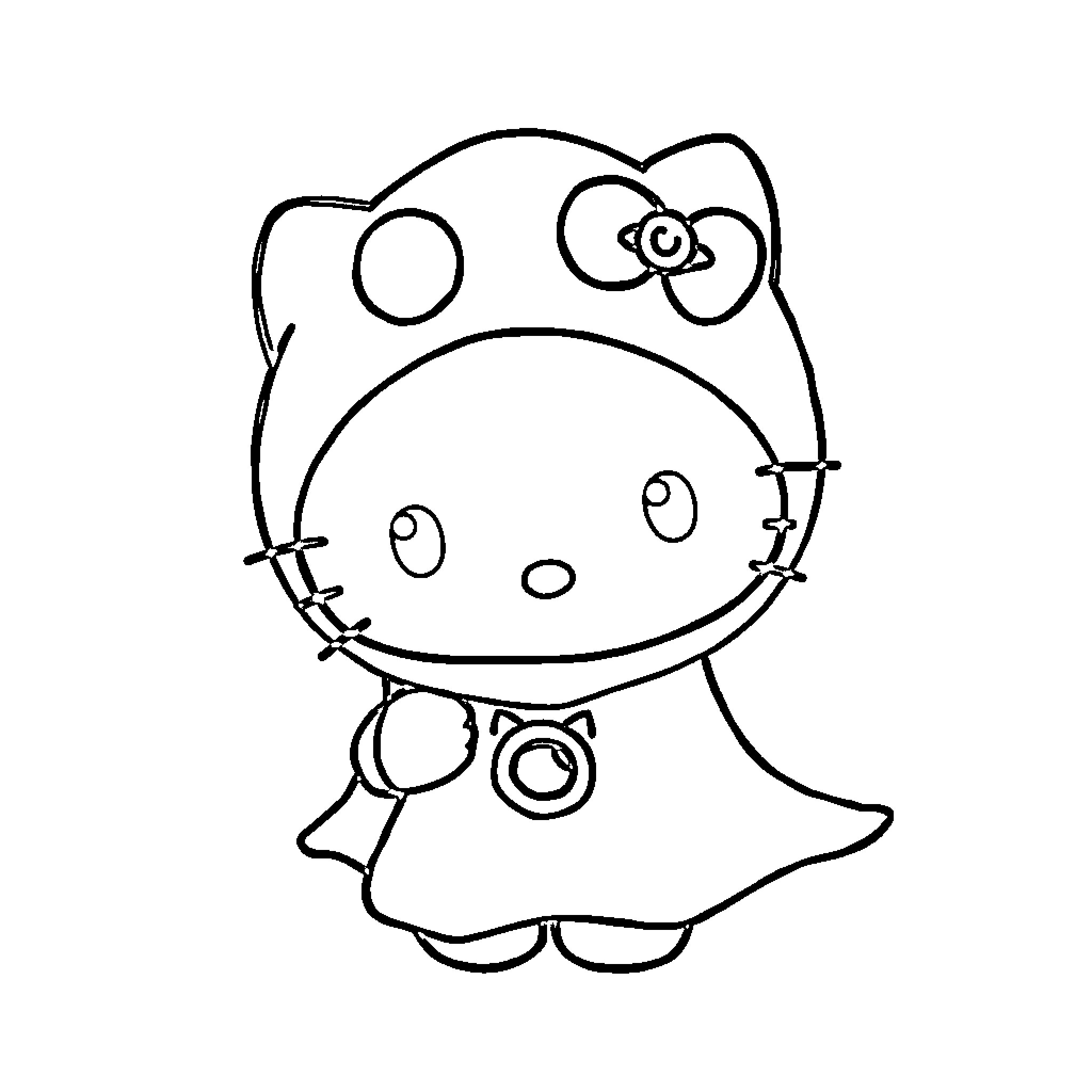 Hello Kitty in Elegant Dress Coloring Page (free black-and-white line drawing printable PDF for all, from beginners to advanced learners, including children, teens, adults, and seniors)