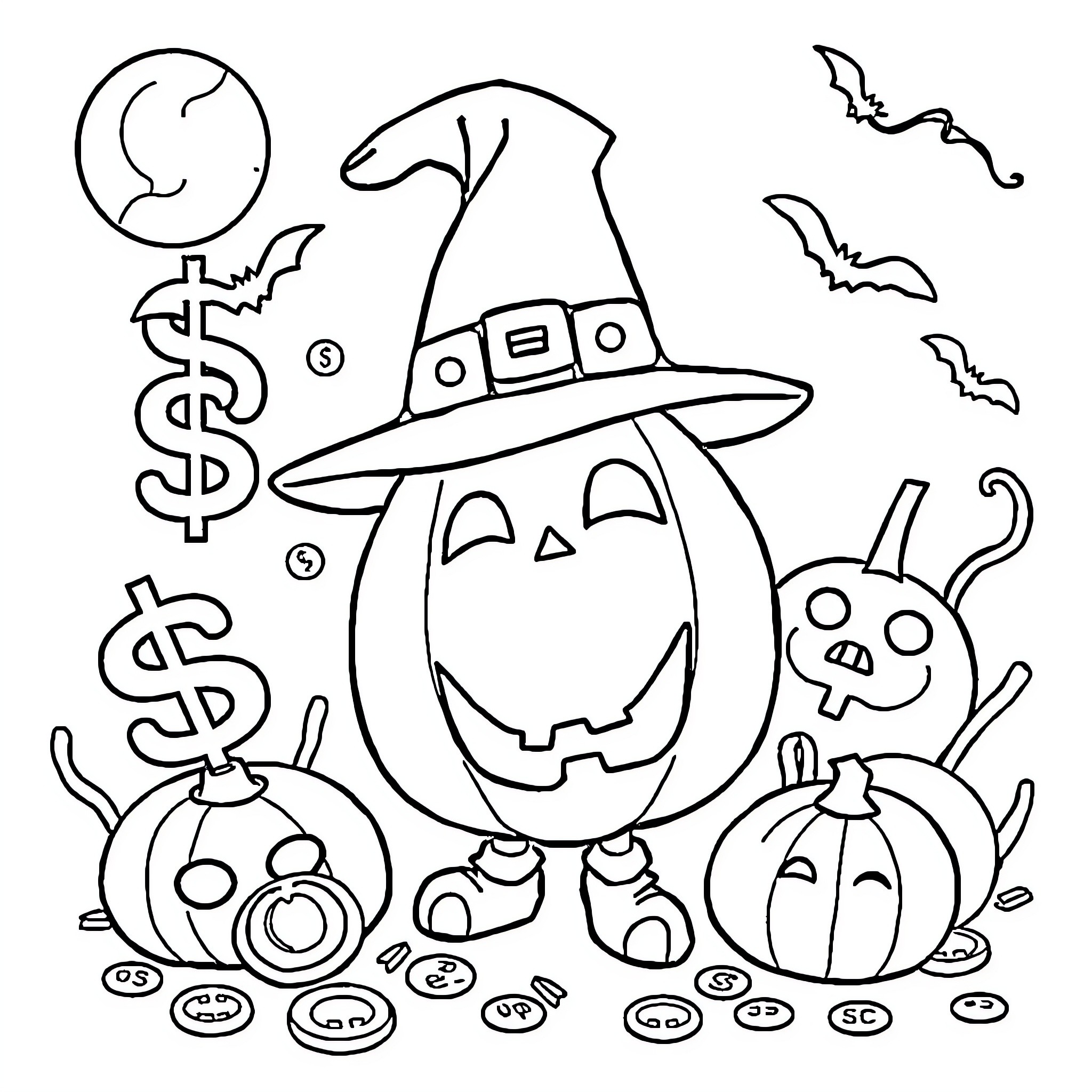 Money, Pumpkins, and Halloween Symbols Coloring Page (free black-and-white line drawing printable PDF for all, from beginners to advanced learners, including children, teens, adults, and seniors)