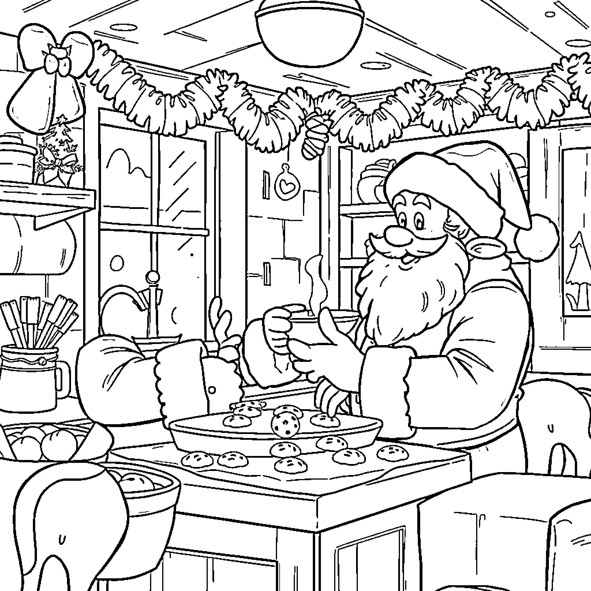Santa Claus baking cookies in a cozy kitchen Coloring Page (free black-and-white line drawing printable PDF for all, from beginners to advanced learners, including children, teens, adults, and seniors)
