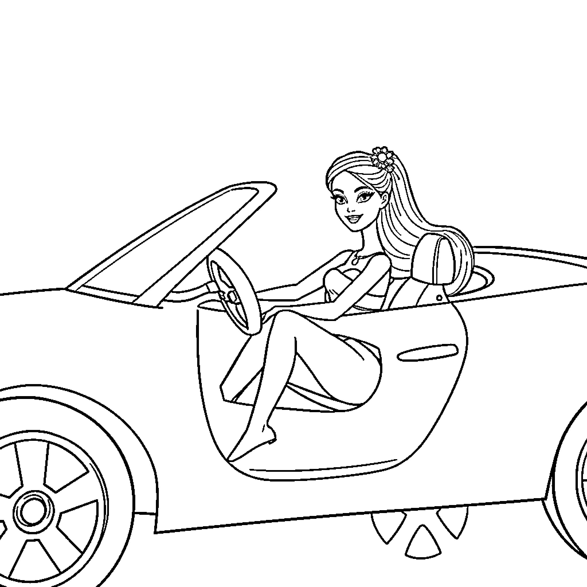 Barbie driving convertible car with a smile Coloring Page (free black-and-white line drawing printable PDF for all, from beginners to advanced learners, including children, teens, adults, and seniors)